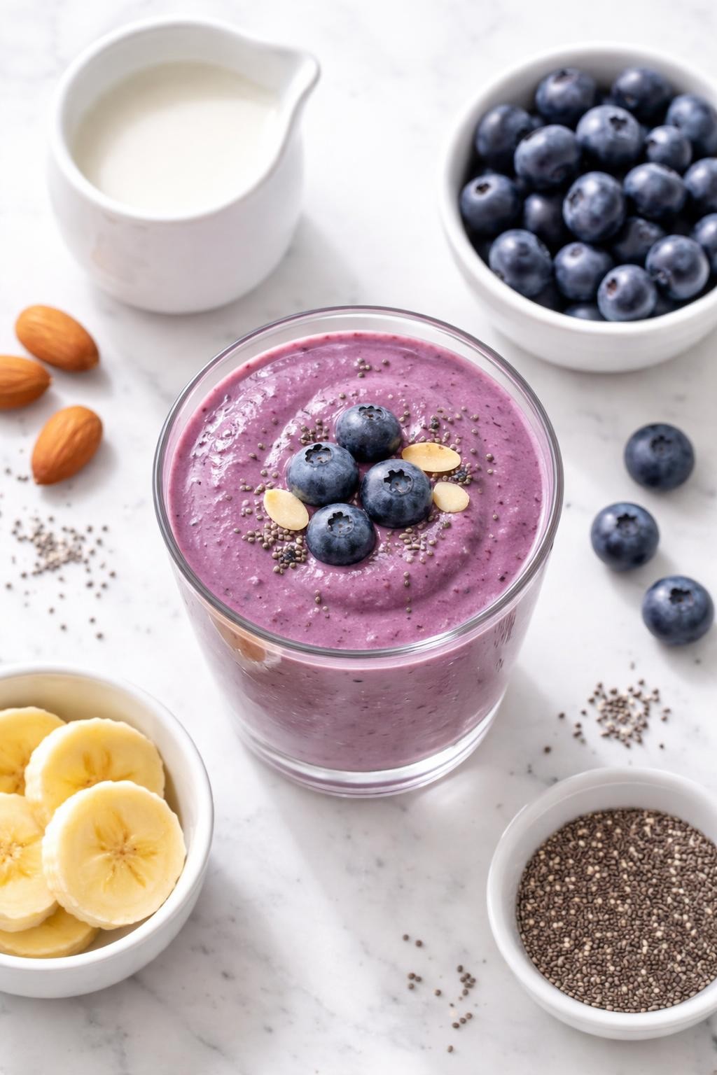Realistic top-down food photography of a blueberry almond milk smoothie served in a clear glass on a clean white marble countertop. The smoothie is deep purple, thick, smooth, and creamy, styled with blueberries, almond milk in a plain dish, banana slices, and a few chia seeds nearby. Bright natural window lighting, clean homemade breakfast smoothie styling, realistic creamy texture, high detail, no people, no hands, no text, no watermarks, no props with writing.