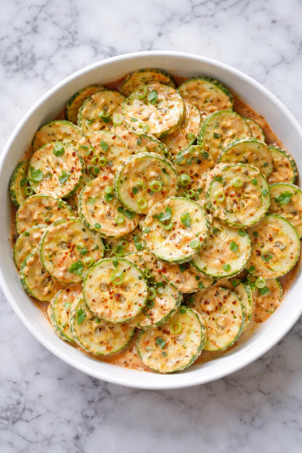Image Prompt: Realistic top-down editorial food photography of spicy creamy cucumber salad in a white serving bowl on a clean white and gray marble countertop, cucumber slices coated in a creamy orange dressing made with mayo, hot sauce, and chili flakes, chilled salad mood, bright natural daylight, no people, no hands, no text, no watermarks, no props with writing.