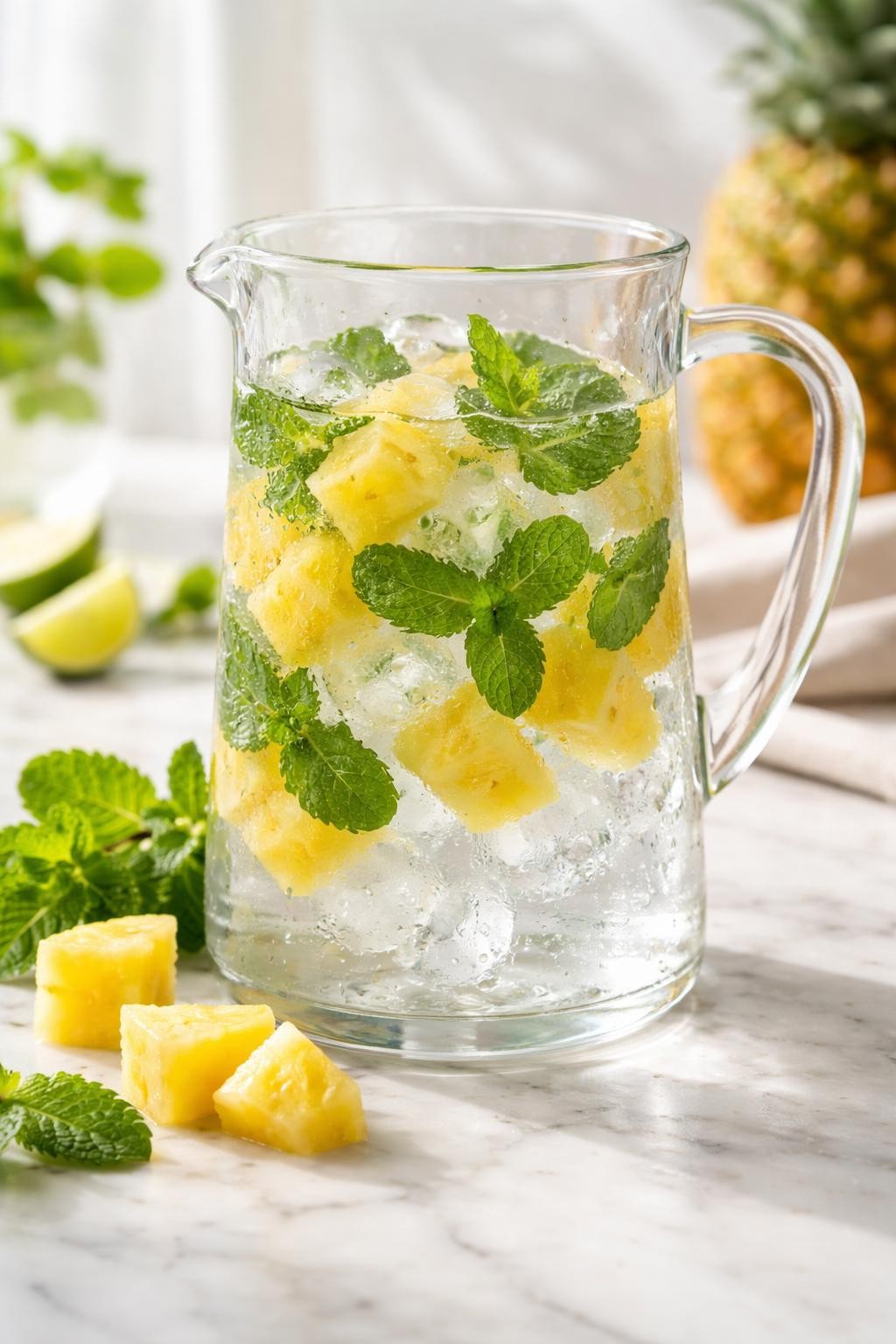 Realistic editorial food photography of pineapple mint detox water in a clear pitcher on a light marble countertop, golden pineapple chunks and fresh mint leaves floating in cold water with ice cubes, a few pineapple cubes and mint sprigs placed neatly nearby, bright tropical homemade drink styling, natural daylight, soft shadows, realistic clear water and fruit texture, no people, no hands, no text, no watermarks, no props with writing.
