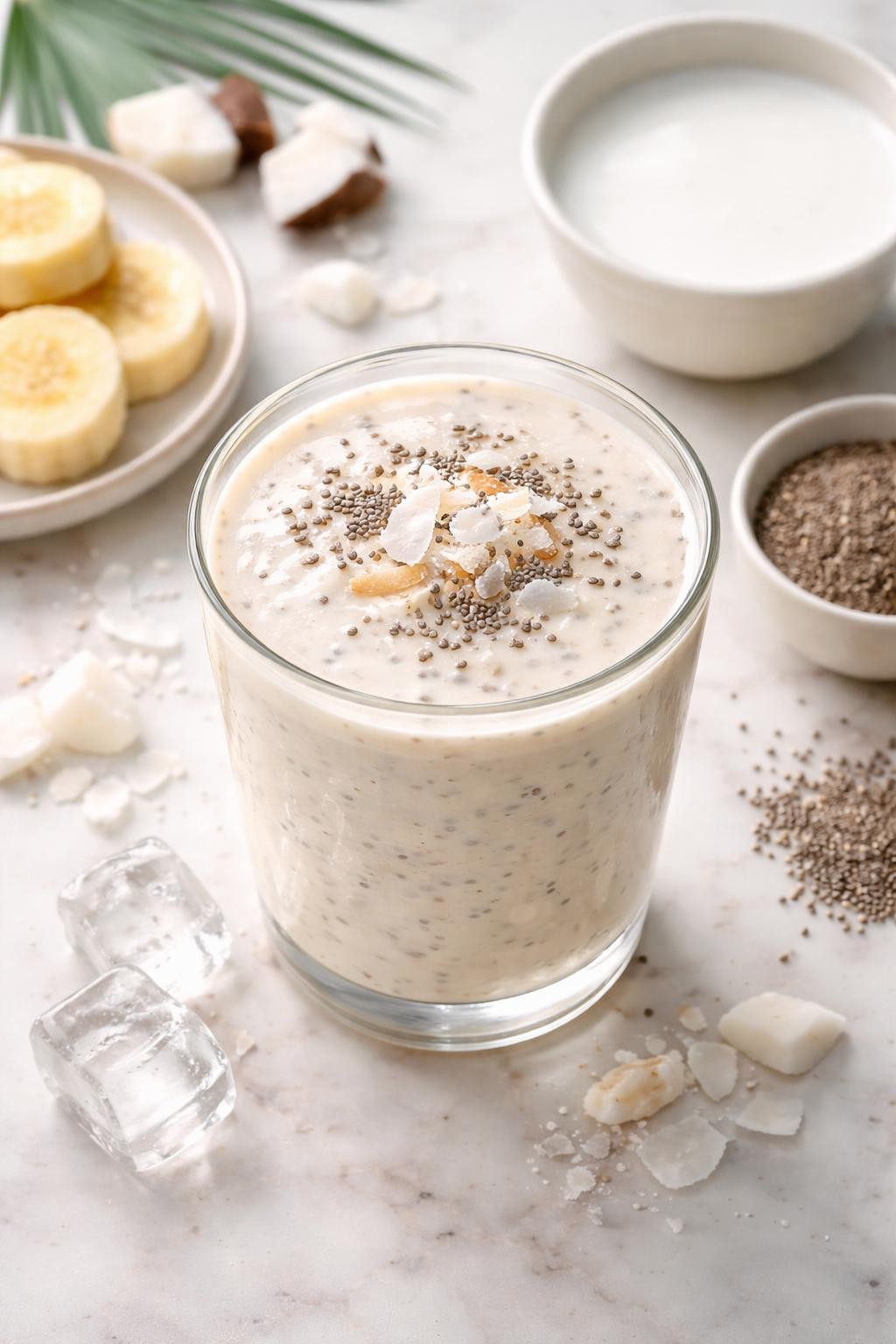 Realistic top-down editorial food photography of a coconut chia smoothie in a clear glass on a light marble countertop. The smoothie is pale cream, thick, smooth, and creamy with chia seed specks, styled with coconut flakes, chia seeds, coconut milk in a plain bowl, banana slices, and a few ice cubes nearby. Soft natural daylight, clean tropical snack smoothie styling, realistic texture, high detail, no people, no hands, no text, no watermarks, no props with writing.