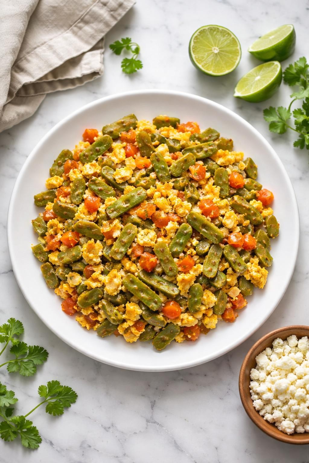 Image Prompt: Realistic top-down editorial food photography of nopales con huevo in a white plate on a clean marble countertop, tender cooked nopales scrambled with eggs, tomatoes, and onions, simple homemade Mexican breakfast styling, bright natural daylight, no people, no hands, no text, no watermarks, no props with writing.