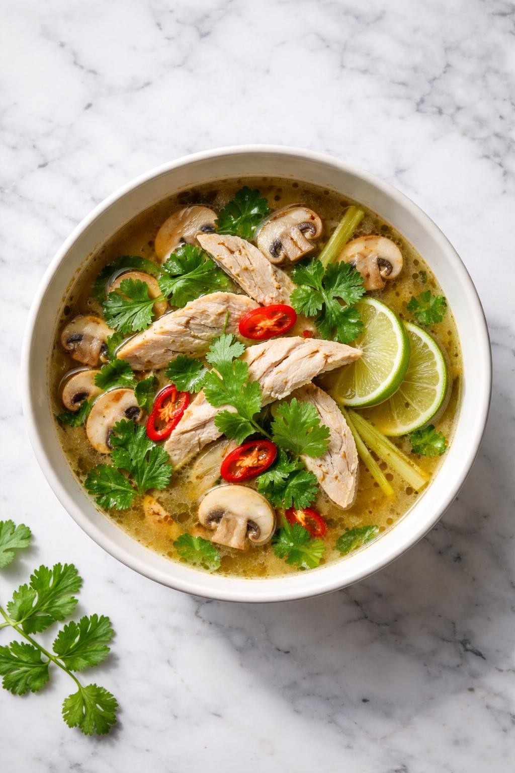 Image Prompt: Realistic top-down editorial food photography of a bowl of Thai lemongrass chicken soup on a clean white and gray marble countertop, filled with sliced chicken, mushrooms, fresh cilantro, red chili, and lime in a light golden broth, cozy homemade Thai soup mood, bright natural window light, soft shadows, clean composition, high detail, realistic texture, no people, no hands, no text, no watermarks, no props with writing.