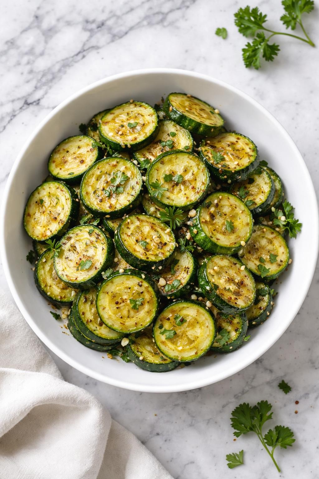 Image Prompt: Realistic top-down editorial food photography of Italian garlic sautéed zucchini in a white serving bowl on a clean white and gray marble countertop, sliced zucchini rounds cooked in olive oil with garlic, parsley, and cracked black pepper, lightly golden edges visible, bright natural daylight, simple homemade side dish mood, clean composition, high detail, realistic food texture, no people, no hands, no text, no watermarks, no props with writing.