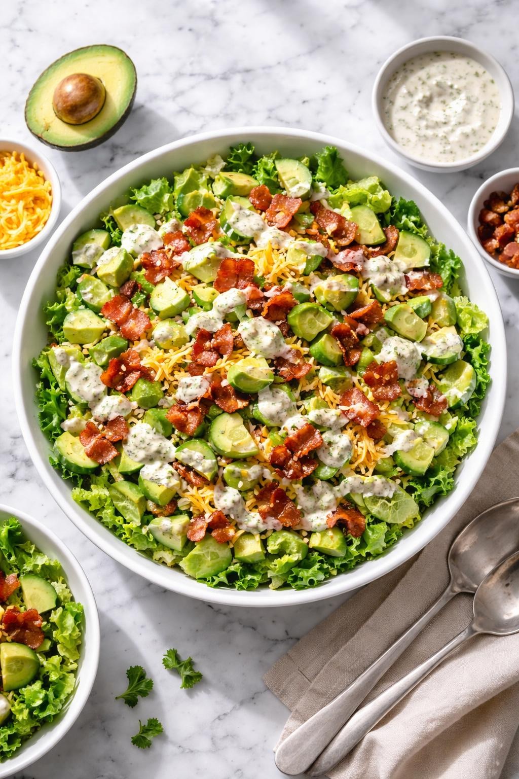 Image Prompt: Realistic top-down editorial food photography of a keto bacon avocado salad on a clean white and gray marble countertop, filled with chopped romaine, crispy bacon pieces, diced avocado, cucumber, shredded cheddar, and creamy herb dressing, fresh filling homemade salad mood, bright natural window lighting, soft shadows, clean composition, high detail, realistic food texture, no people, no hands, no text, no watermarks, no props with writing.