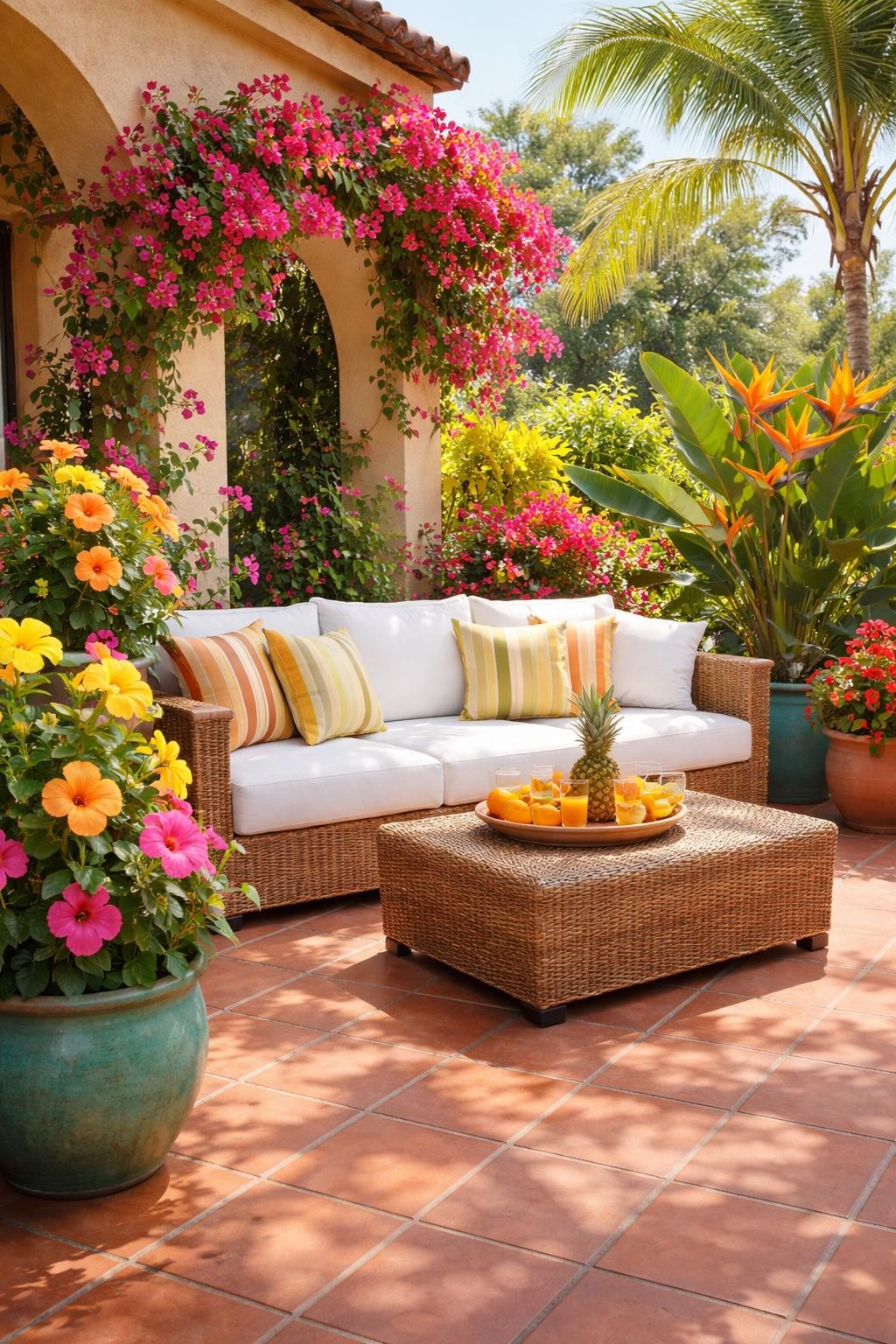 Image Prompt: A cheerful tropical patio with colorful flowering plants in large pots, hibiscus, bougainvillea, and bird of paradise, simple outdoor sofa with white cushions, terracotta floor, woven coffee table, bright sunny garden mood, no people, realistic DSLR photo, no text, no watermarks on images.