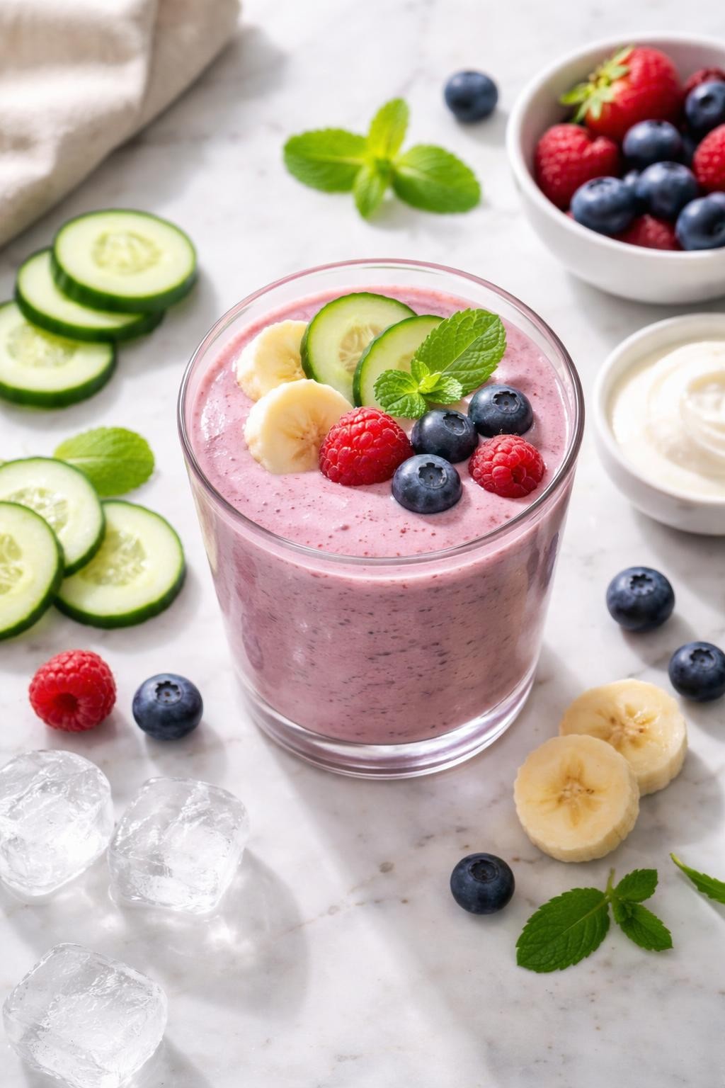 Realistic top-down editorial food photography of a cucumber berry smoothie in a clear glass on a light marble countertop. The smoothie is soft pink-purple, smooth, cold, and creamy, styled with cucumber slices, mixed berries, banana rounds, Greek yogurt, and a few ice cubes nearby. Bright natural window lighting, clean fruity smoothie styling, realistic texture, high detail, no people, no hands, no text, no watermarks, no props with writing.