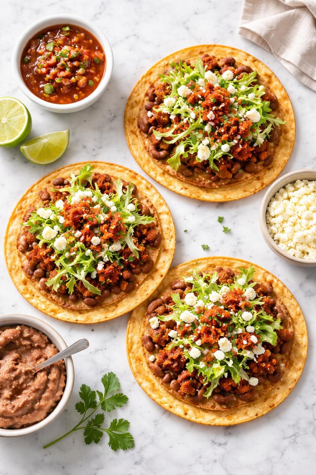 Image Prompt: Realistic top-down editorial food photography of Mexican chorizo tostadas on a clean white marble countertop, crisp tostada shells topped with refried beans, browned chorizo, shredded lettuce, queso fresco, and salsa, bright natural daylight, fresh homemade lunch mood, no people, no hands, no text, no watermarks, no props with writing.