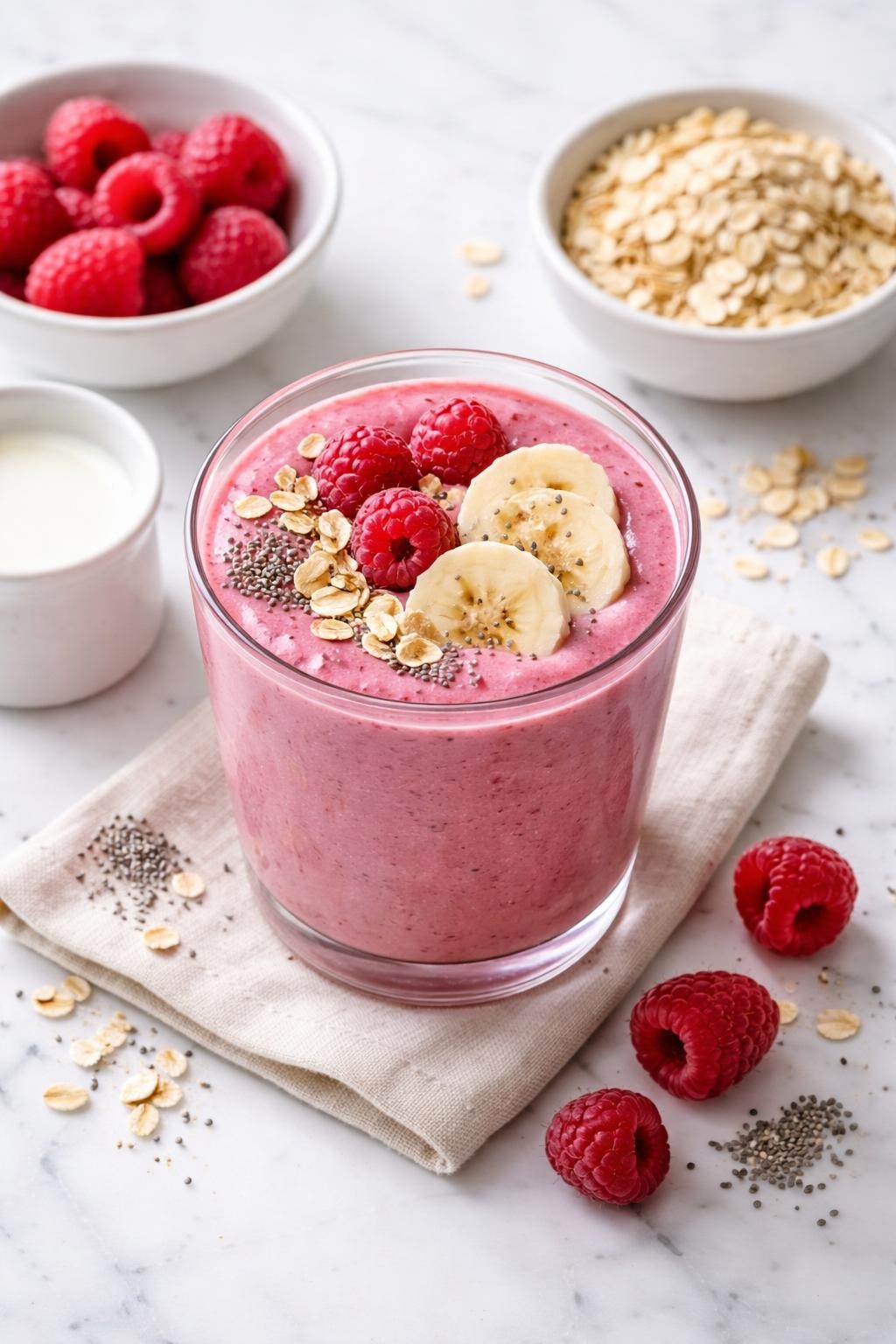 Realistic top-down editorial food photography of a raspberry oat breakfast smoothie served in a clear glass on a clean white marble countertop. The smoothie is deep pink, thick, creamy, and smooth, styled with rolled oats, raspberries, banana slices, chia seeds, and a small plain bowl of milk nearby. Natural window lighting, clean breakfast smoothie styling, realistic thick texture, high detail, no people, no hands, no text, no watermarks, no props with writing.