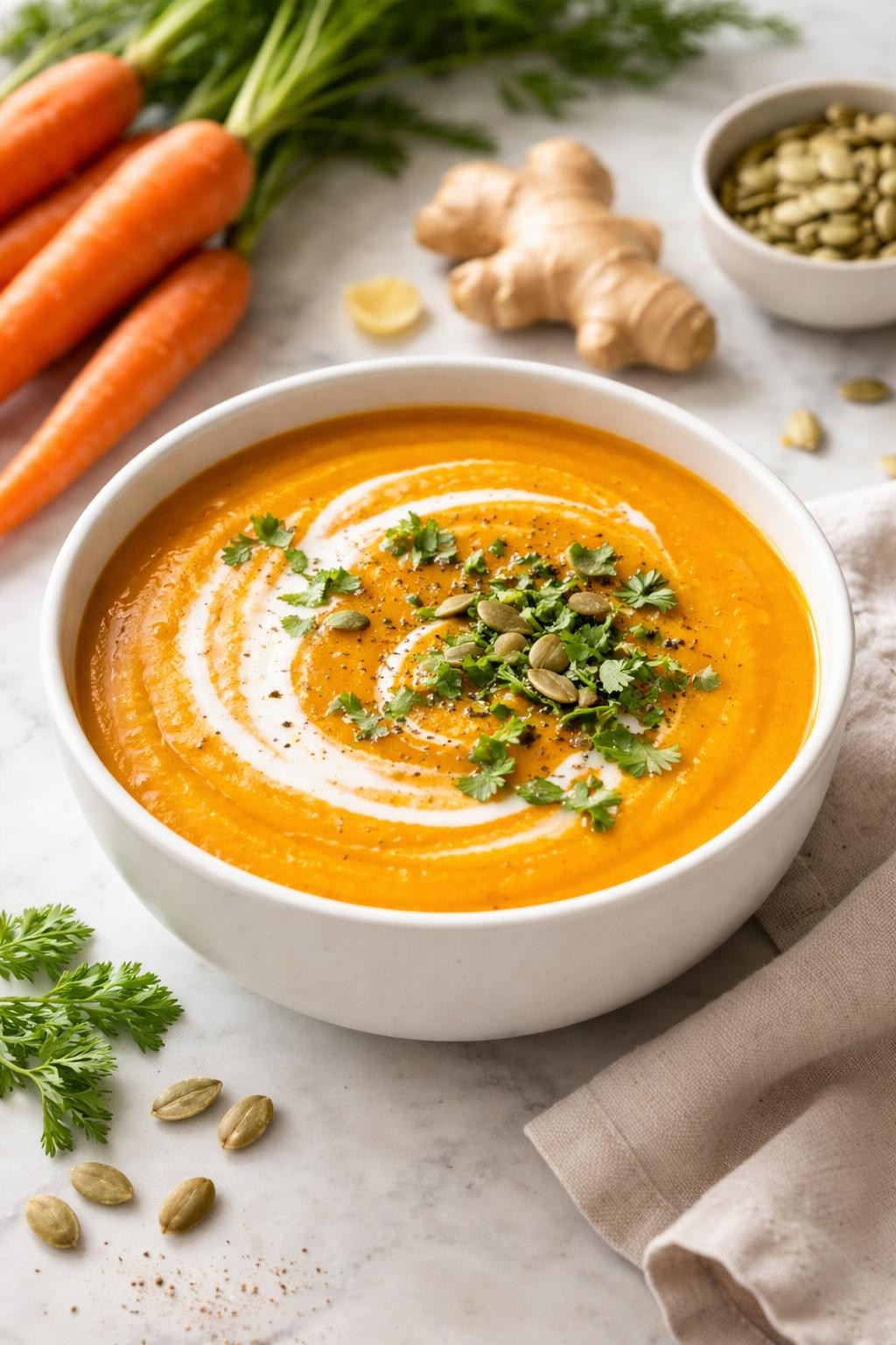 Realistic editorial food photography of turmeric carrot ginger soup in a white ceramic bowl on a pale marble countertop, smooth golden-orange soup topped with a light coconut milk swirl, black pepper, chopped cilantro, and pumpkin seeds, fresh carrots and small ginger pieces styled nearby, clean homemade soup mood, bright natural window lighting, soft shadows, high detail, realistic creamy texture, no people, no hands, no text, no watermarks, no props with writing.