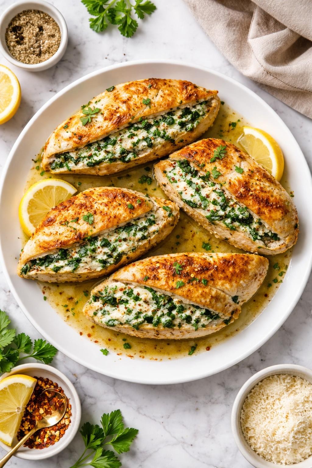An overheard picture view of a plate of Spinach Ricotta Stuffed Chicken sitting on a marble countertop table in the kitchen, professional food photography style.