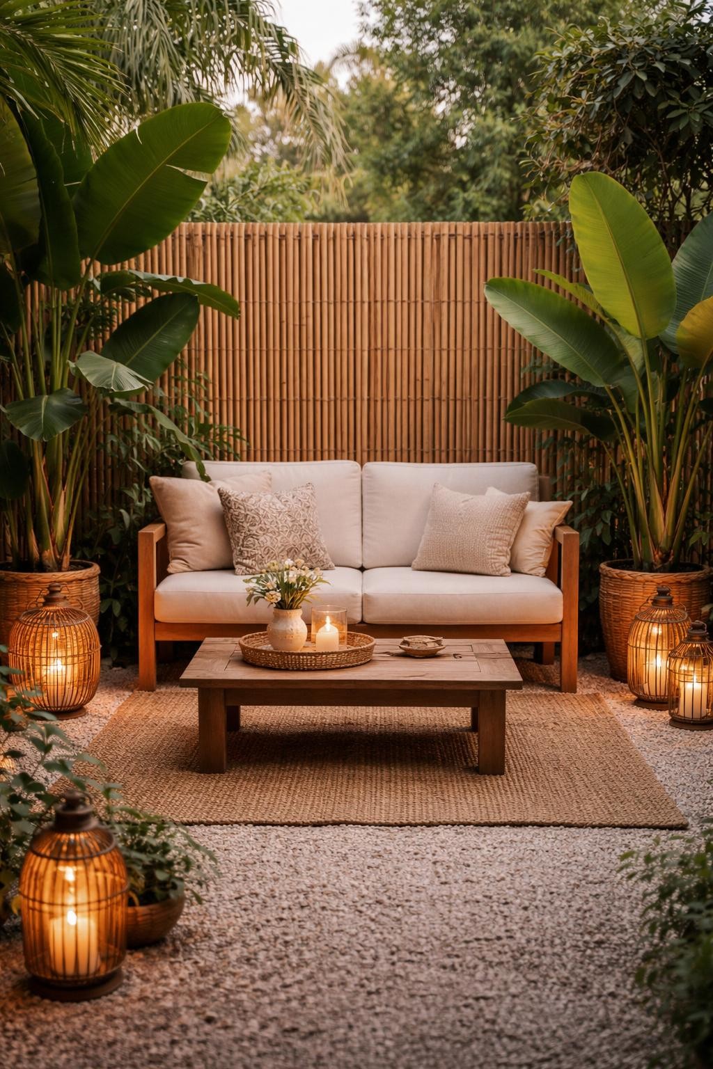 Image Prompt: A cozy tropical patio with a bamboo privacy screen along one side, outdoor loveseat with beige cushions, large potted banana plants, small wooden coffee table, woven rug, warm lanterns, light gravel floor, calm private backyard retreat, no people, realistic DSLR photo, no text, no watermarks on images.