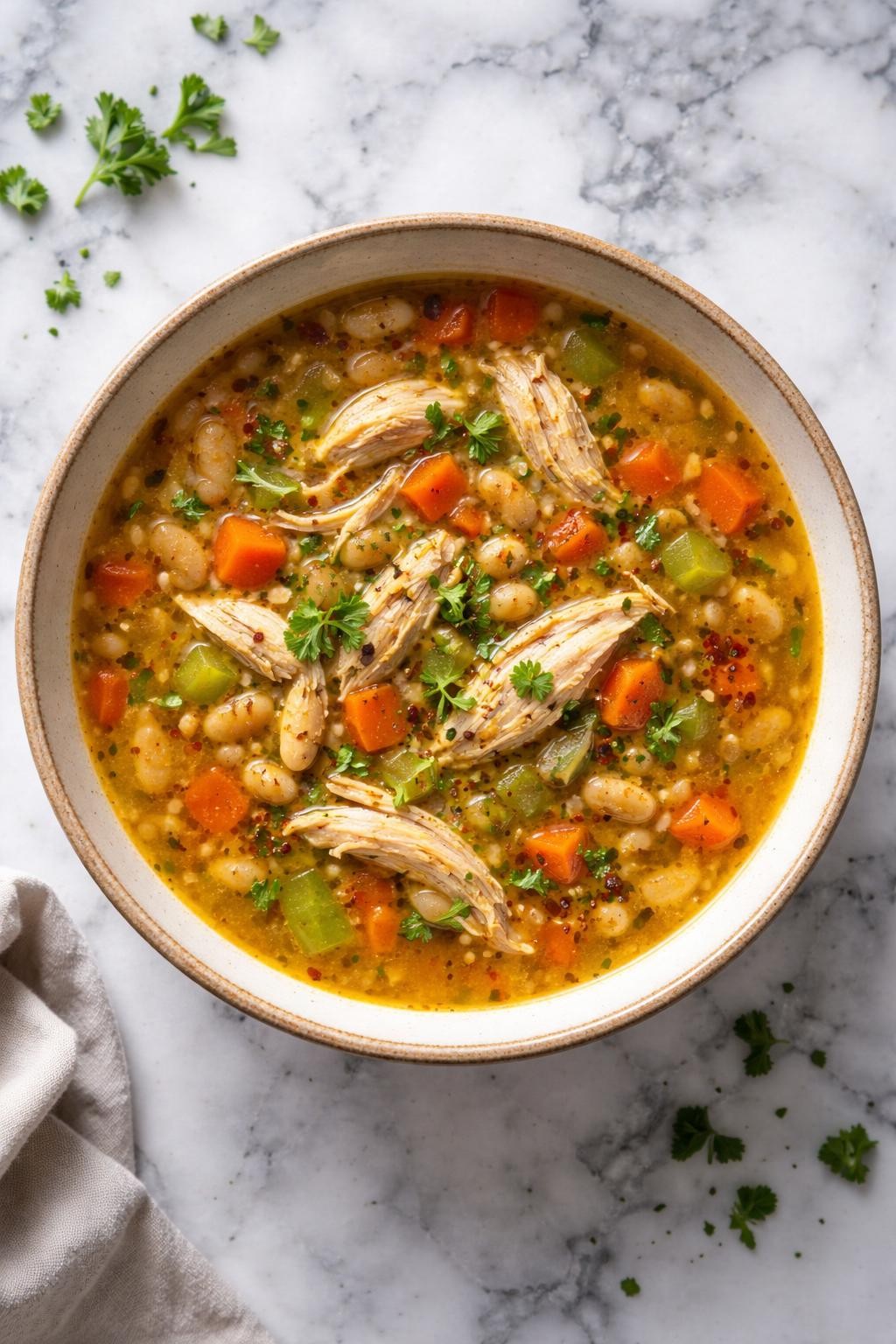 Image Prompt: Realistic top-down editorial food photography of chicken breast bean soup in a rustic bowl on a white and gray marble countertop, rich broth with shredded chicken breast, white beans, carrots, celery, onion, and herbs, cozy hearty homemade mood, natural daylight, no people, no hands, no text, no watermarks, no props with writing.