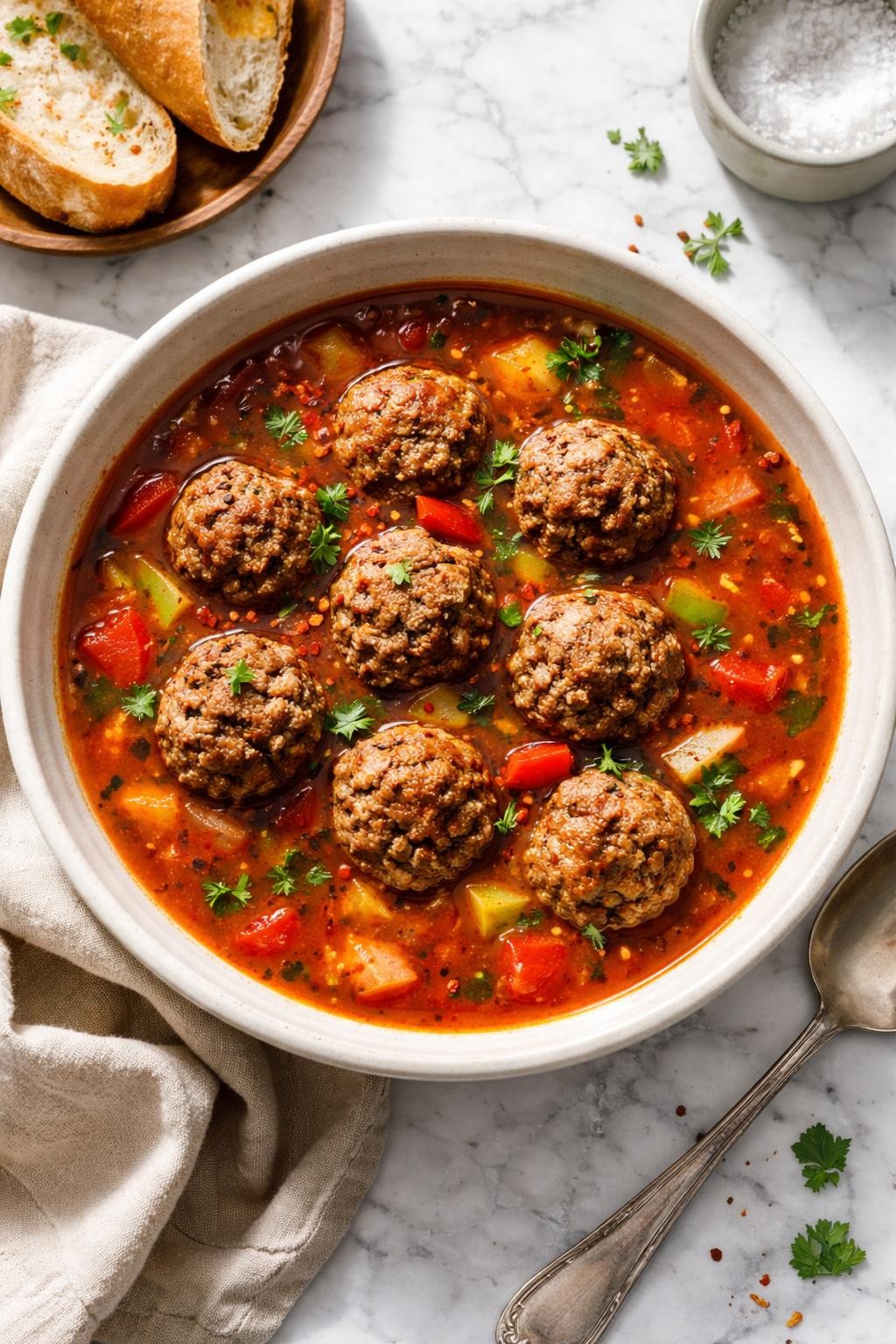 Image Prompt: Realistic top-down editorial food photography of a bowl of spicy meatball soup on a clean white and gray marble countertop, with browned beef meatballs, tomatoes, peppers, onions, and a rich red broth with red pepper flakes and chopped herbs on top, cozy bold homemade dinner styling, bright natural daylight, soft shadows, clean editorial composition, high detail, realistic food texture, no people, no hands, no text, no watermarks, no props with writing.