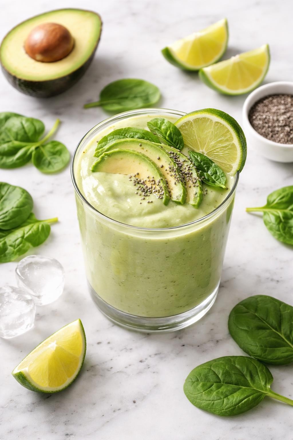 Realistic top-down editorial food photography of a thick avocado green vegetable smoothie served in a clear glass on a clean white and gray marble countertop. The smoothie is creamy pale green, thick, smooth, and glossy, styled with avocado slices, spinach leaves, lime wedges, chia seeds, and a few ice cubes nearby. Soft natural daylight, clean creamy smoothie styling, high detail, realistic texture, no people, no hands, no text, no watermarks, no props with writing.