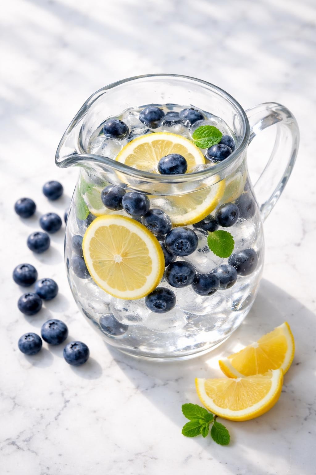 Realistic top-down food photography of blueberry lemon detox water in a clear glass pitcher on a clean marble countertop, fresh blueberries and thin lemon slices floating in cold water with ice cubes, extra blueberries scattered neatly beside the pitcher, bright clean homemade drink styling, natural window lighting, soft shadows, high detail, realistic fruit texture, no people, no hands, no text, no watermarks, no props with writing.
