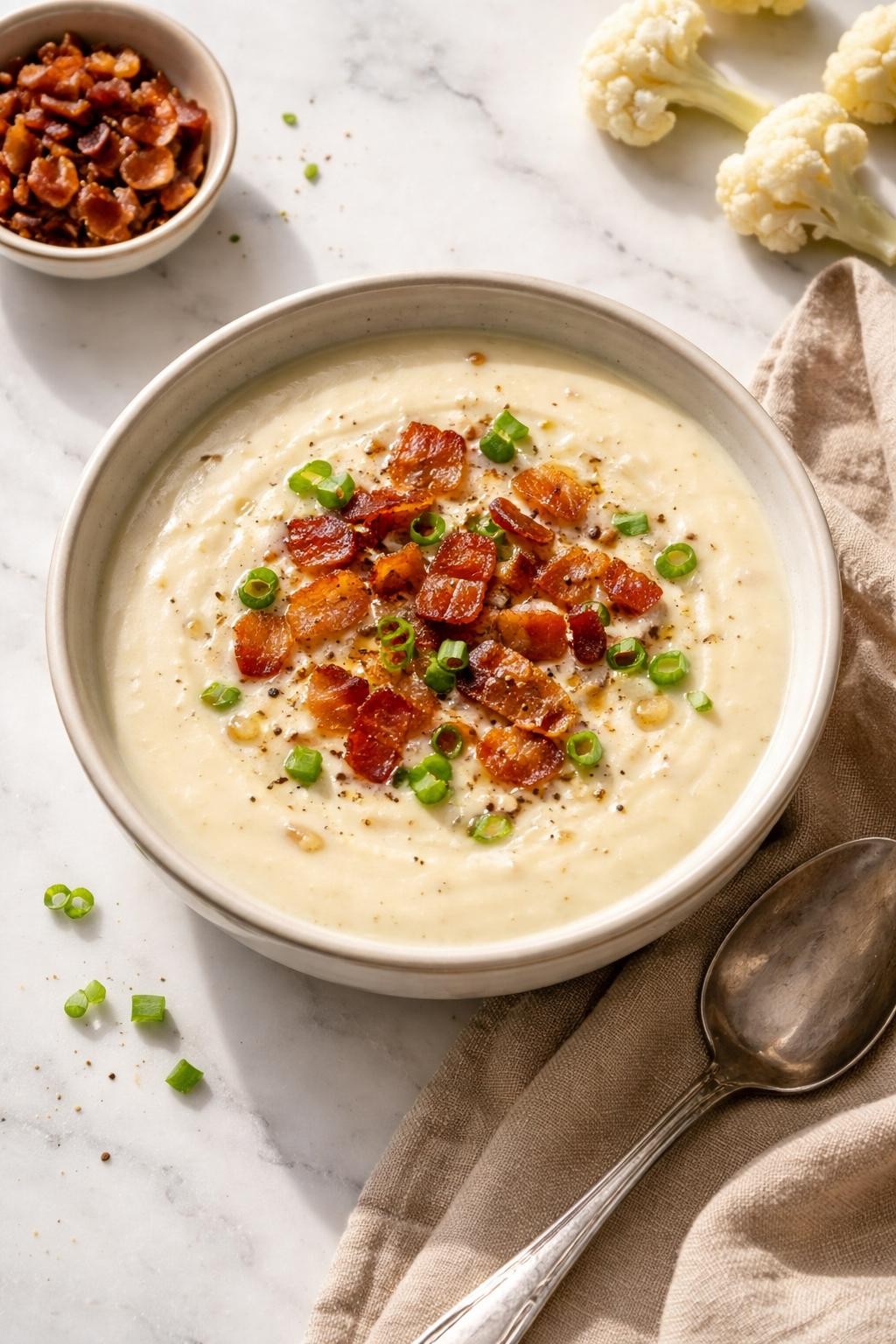 Image Prompt: Realistic top-down editorial food photography of creamy cauliflower soup with bacon in a simple ceramic bowl on a clean marble countertop, smooth pale cauliflower soup topped with crispy bacon pieces, black pepper, and chopped green onions, cozy homemade comfort food styling, bright natural light, soft shadows, no people, no hands, no text, no watermarks, no props with writing.