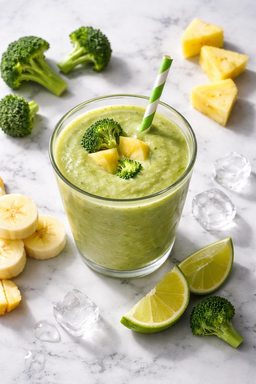 Realistic top-down editorial food photography of a broccoli pineapple vegetable smoothie in a clear glass on a clean white and gray marble countertop. The smoothie is light green, thick, smooth, and cold, styled with small broccoli florets, pineapple chunks, banana slices, lime wedges, and a few ice cubes nearby. Bright natural daylight, clean healthy smoothie styling, realistic texture, high detail, no people, no hands, no text, no watermarks, no props with writing.