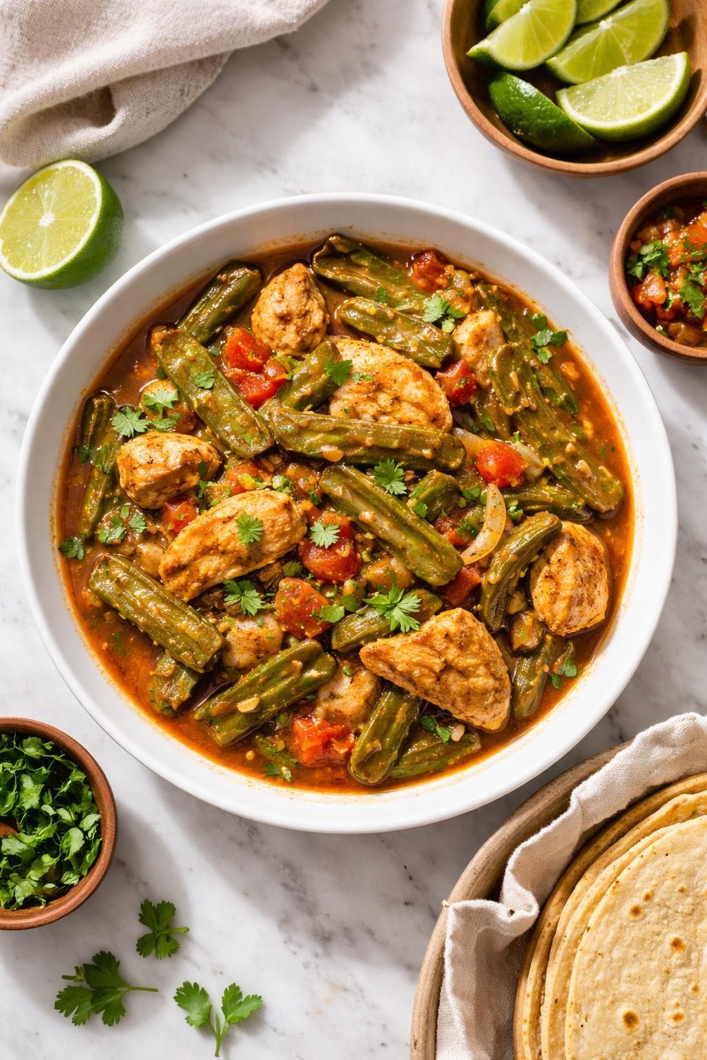 Image Prompt: Realistic top-down editorial food photography of nopales con pollo in a shallow white bowl on a clean marble countertop, tender chicken pieces cooked with nopales, tomatoes, onions, and green chiles, cozy homemade Mexican dinner styling, bright natural daylight, no people, no hands, no text, no watermarks, no props with writing.