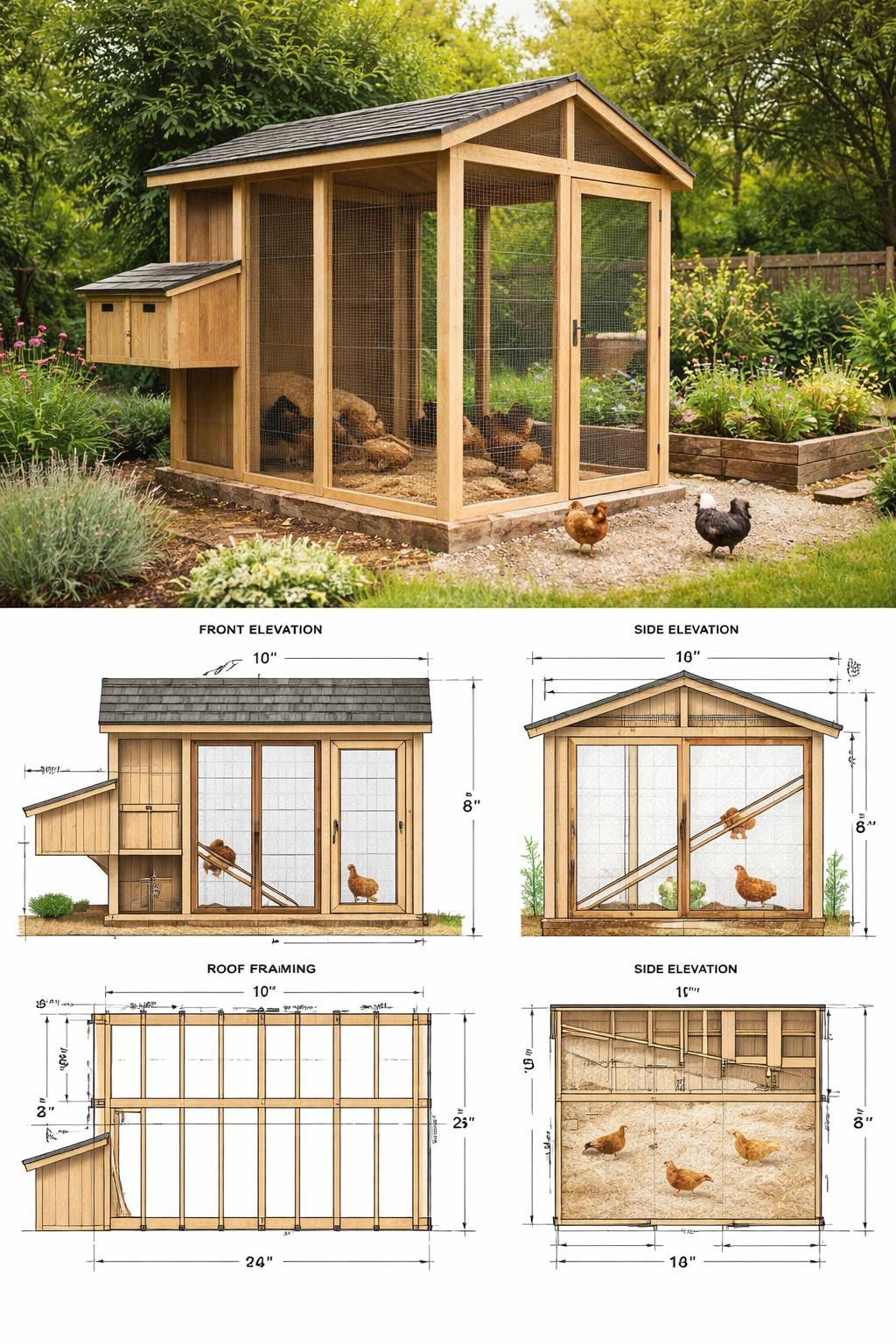 Image Prompt: A vertical 2-collage image. The top half shows a realistic walk-in chicken coop with a tall wooden frame, full-height access door, wire run, pitched roof, exterior nesting boxes, and chickens inside on straw and gravel in a backyard garden. The bottom half shows a matching downloadable-style chicken coop plan sheet with front elevation, side elevation, roof framing sketch, floor layout, and dimension markings for the same walk-in coop. The finished build and the plan should clearly look like the same design. Realistic, helpful, no people, no watermark.