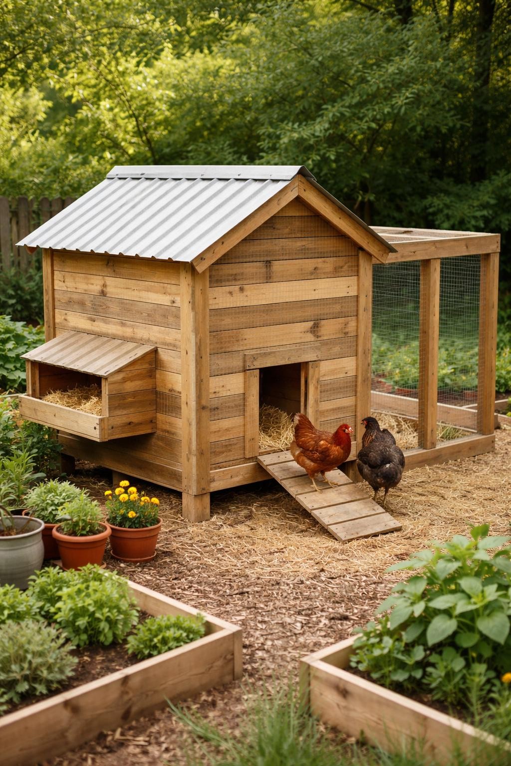 Image Prompt: A simple DIY pallet chicken coop shaped like a small wooden box house, made from clean reclaimed pallet boards, sloped metal roof, small chicken door with a wooden ramp, side nesting box, attached wire run, straw bedding visible inside, two chickens near the entrance, small backyard garden with herbs and raised beds nearby, realistic beginner-friendly homestead style, no people, no text, no watermark.