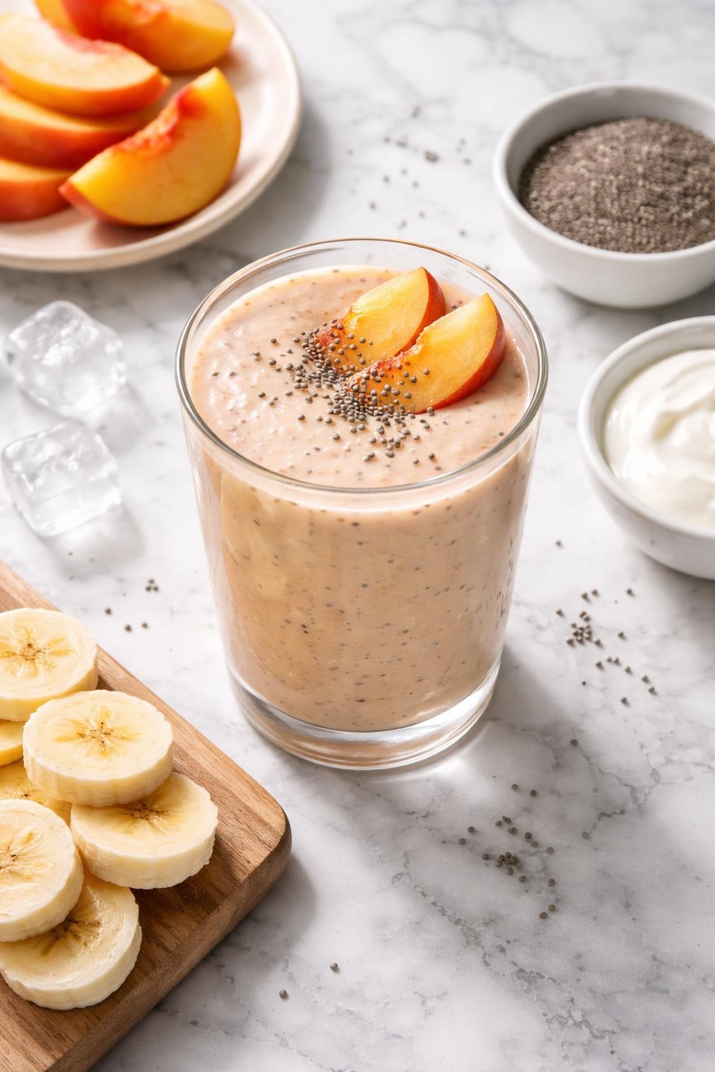 Realistic top-down editorial food photography of a peach chia smoothie in a clear glass on a clean white and gray marble countertop. The smoothie is pale peach, thick, creamy, and smooth with tiny chia seed specks, styled with peach slices, chia seeds in a plain dish, banana rounds, yogurt, and a few ice cubes nearby. Bright natural window lighting, soft breakfast smoothie styling, realistic creamy texture, high detail, no people, no hands, no text, no watermarks, no props with writing.