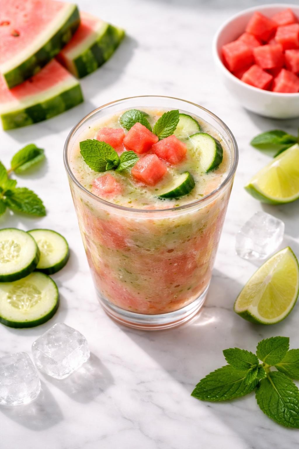 Realistic top-down editorial food photography of a cucumber watermelon smoothie in a clear glass on a clean white marble countertop. The smoothie is pale pink-green, smooth, icy, and refreshing, styled with watermelon cubes, cucumber slices, lime wedges, mint leaves, and a few ice cubes nearby. Bright natural daylight, clean summer smoothie styling, high detail, realistic drink texture, no people, no hands, no text, no watermarks, no props with writing.