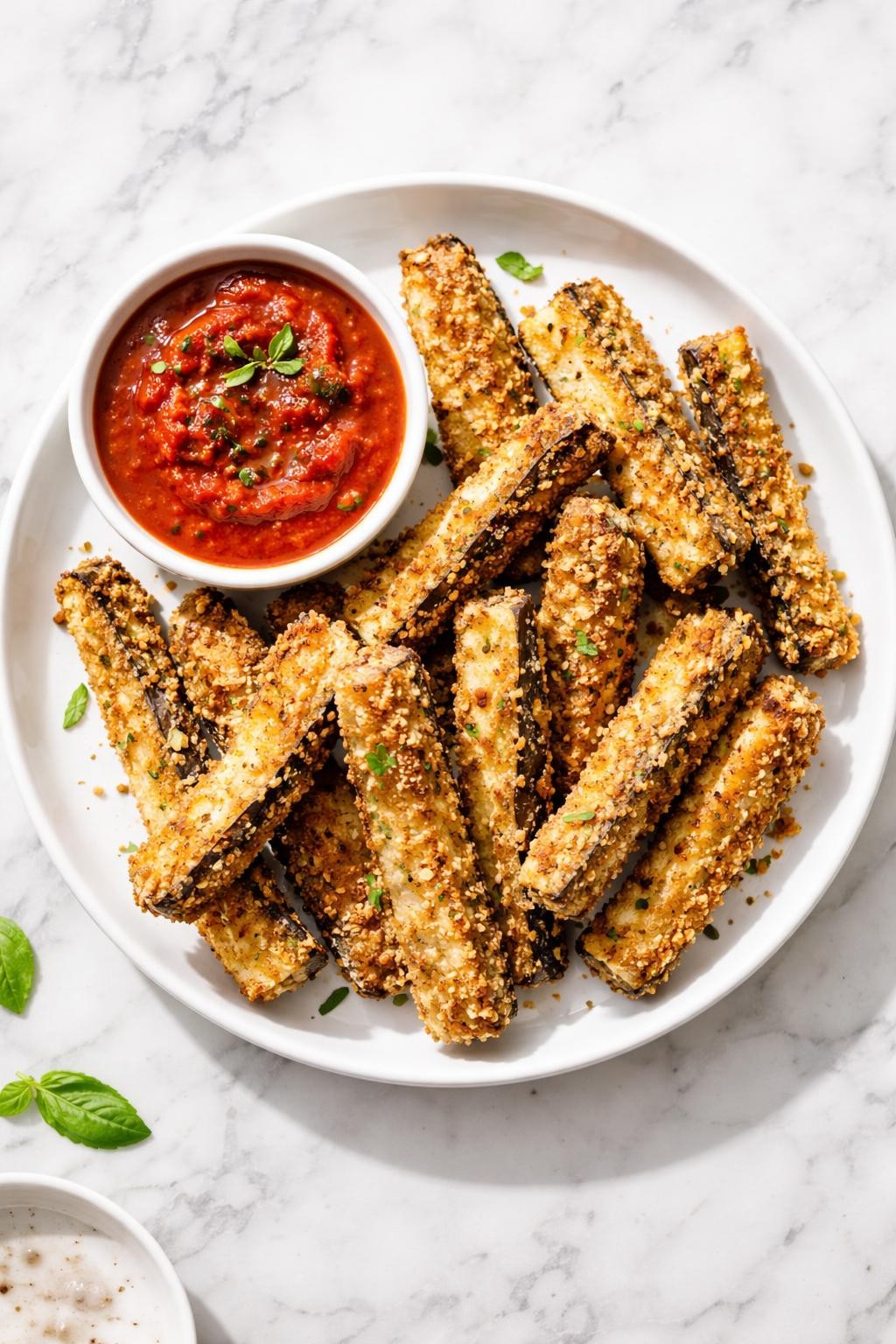 Image Prompt: Realistic top-down editorial food photography of crispy baked eggplant fries on a white plate over a marble countertop, golden breaded eggplant sticks with lightly crisp edges served with marinara dipping sauce, bright natural window lighting, soft shadows, clean snack styling, high detail, realistic food texture, no people, no hands, no text, no watermarks, no props with writing.