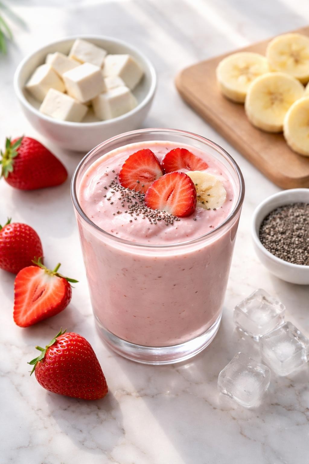 Realistic top-down editorial food photography of a strawberry tofu iron-rich smoothie served in a clear glass on a clean white marble countertop. The smoothie is soft pink, creamy, thick, and smooth, styled with strawberries, soft tofu cubes in a plain dish, banana rounds, chia seeds, and a few ice cubes nearby. Bright natural window lighting, clean plant-based breakfast smoothie styling, high detail, realistic creamy texture, no people, no hands, no text, no watermarks, no props with writing.