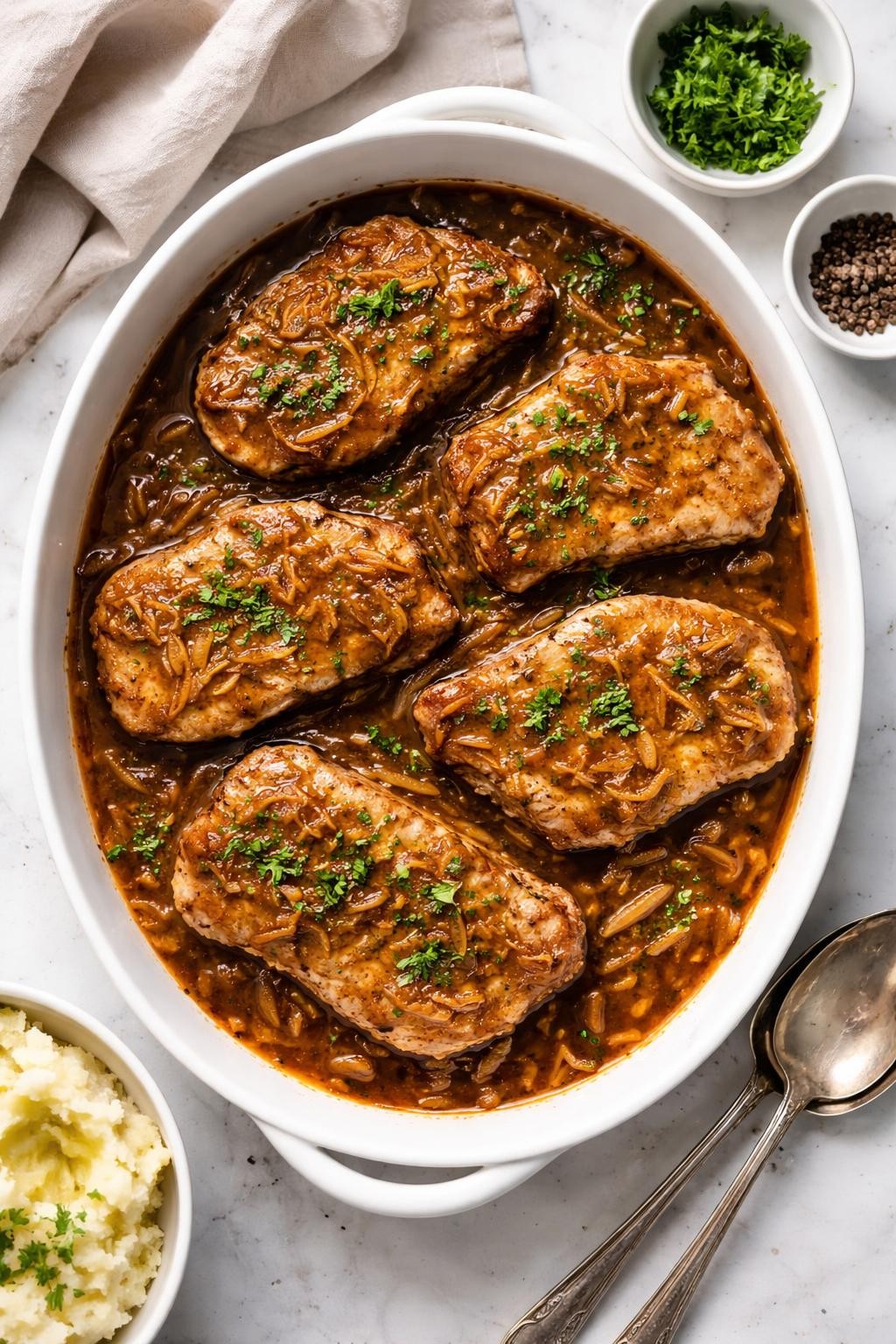 Image Prompt: Realistic top-down editorial food photography of baked onion soup mix pork chops on a white marble countertop, juicy pork chops covered in a rich brown onion gravy with parsley garnish, cozy homemade dinner styling, bright natural daylight, soft shadows, clean editorial composition, high detail, realistic texture, no people, no hands, no text, no watermarks, no props with writing.