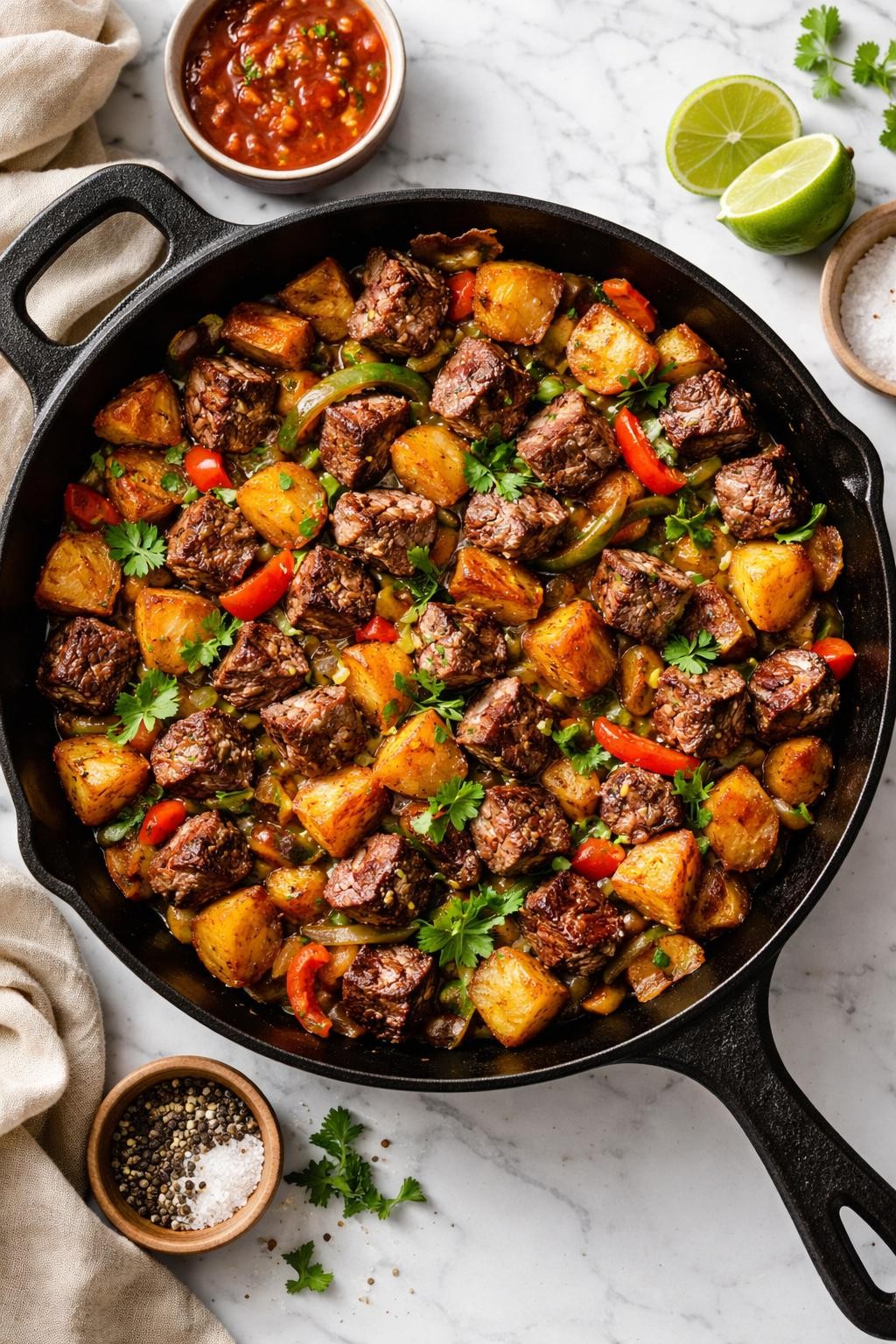Image Prompt: Realistic top-down editorial food photography of a Mexican steak and potatoes skillet on a white marble countertop, browned steak bites and golden crispy potatoes cooked together with onions and peppers, topped with chopped cilantro, warm homemade dinner styling, bright natural window lighting, soft shadows, high detail, realistic food texture, no people, no hands, no text, no watermarks, no props with writing.