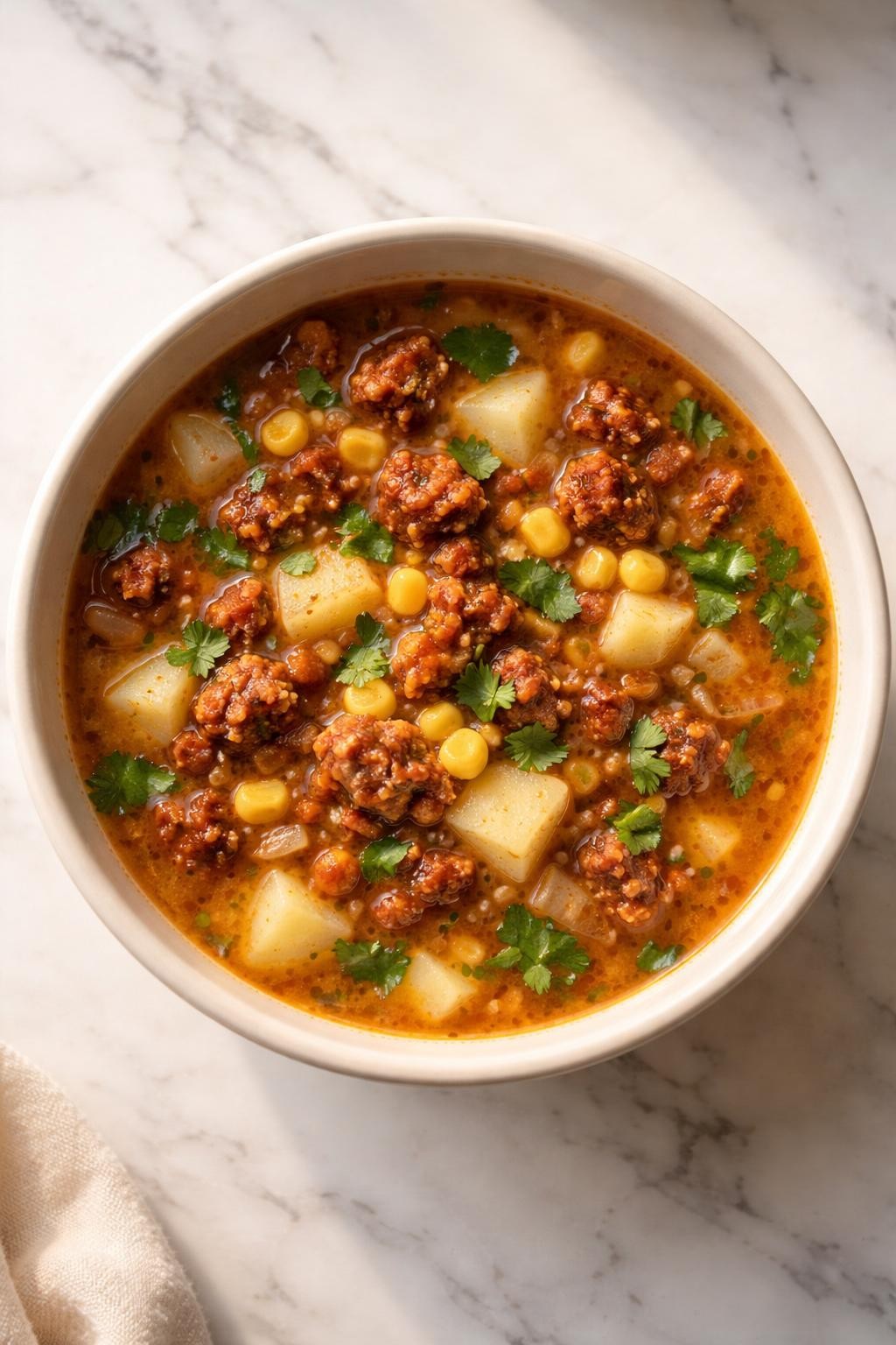 Image Prompt: Realistic top-down editorial food photography of Mexican chorizo and corn soup in a simple bowl on a white marble countertop, rich broth with browned chorizo, sweet corn, diced potatoes, onion, and cilantro, warm natural daylight, cozy homemade soup mood, no people, no hands, no text, no watermarks, no props with writing.