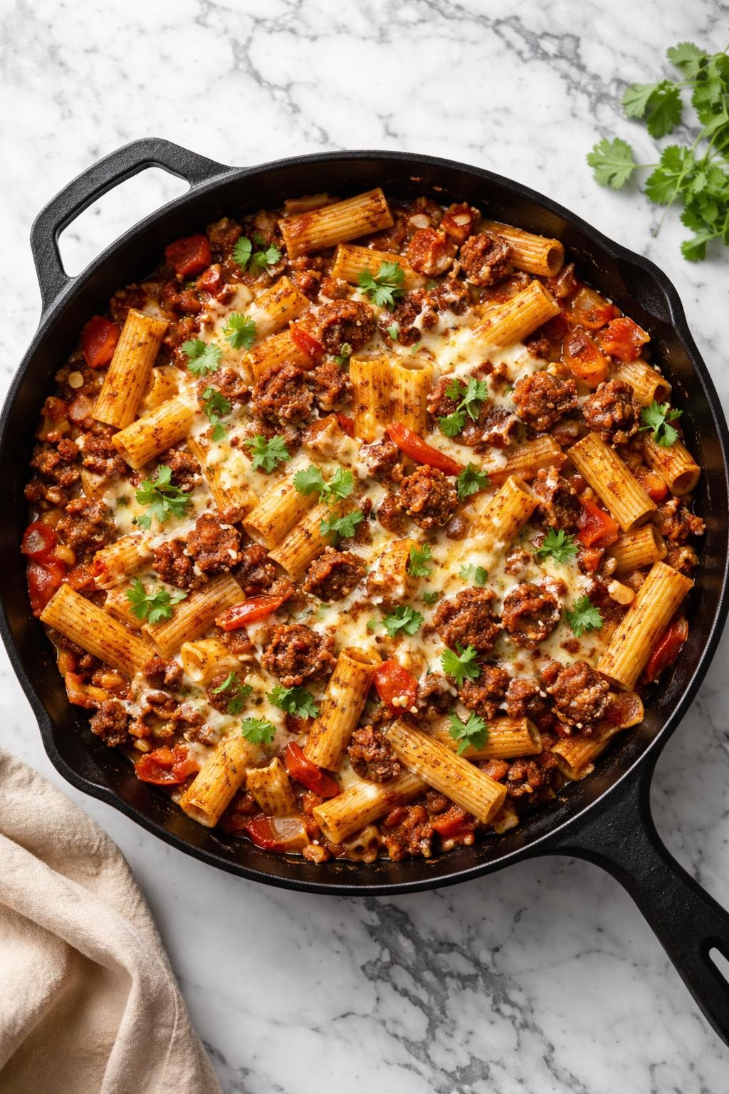 Image Prompt: Realistic top-down editorial food photography of a Mexican chorizo pasta skillet on a clean white and gray marble countertop, pasta tossed with browned chorizo, tomato sauce, peppers, onions, and melted cheese in a skillet, chopped cilantro on top, warm natural daylight, hearty homemade dinner mood, no people, no hands, no text, no watermarks, no props with writing.