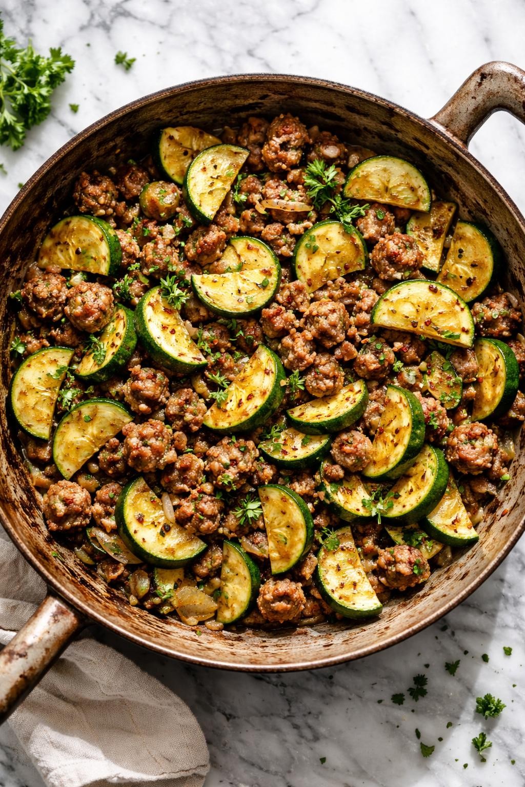 Image Prompt: Realistic top-down editorial food photography of Italian zucchini and sausage skillet on a white and gray marble countertop, sliced zucchini cooked with browned Italian sausage, garlic, onion, and herbs in a rustic skillet, bright natural daylight, hearty homemade dinner mood, no people, no hands, no text, no watermarks, no props with writing.