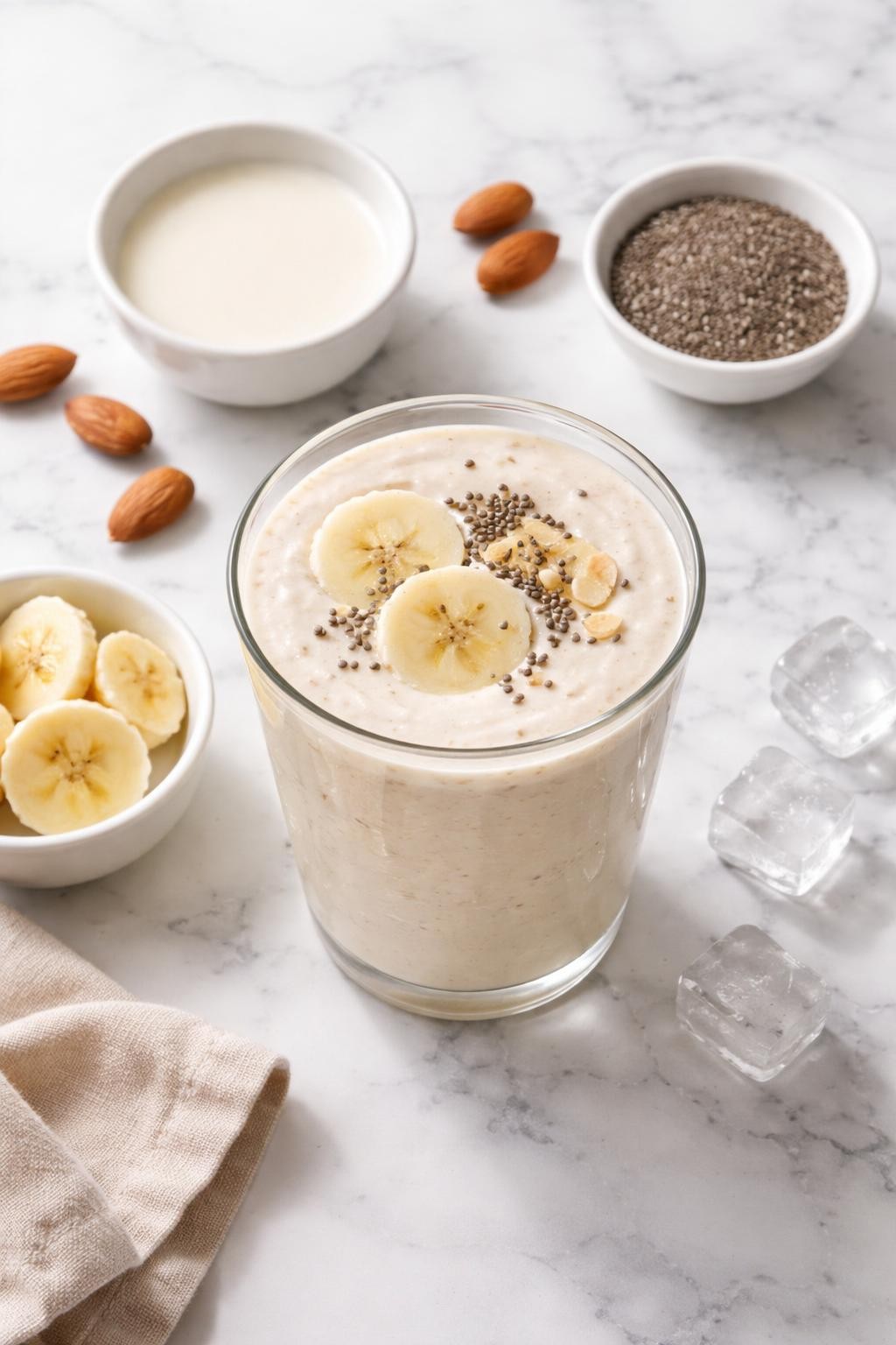 Realistic top-down editorial food photography of a creamy banana almond milk smoothie served in a clear glass on a clean white and gray marble countertop. The smoothie is pale cream, thick, smooth, and cold-looking, with banana slices, a small plain bowl of almond milk, chia seeds, and a few ice cubes styled neatly nearby. Bright natural window lighting, soft shadows, clean breakfast smoothie styling, high detail, realistic creamy texture, no people, no hands, no text, no watermarks, no props with writing.