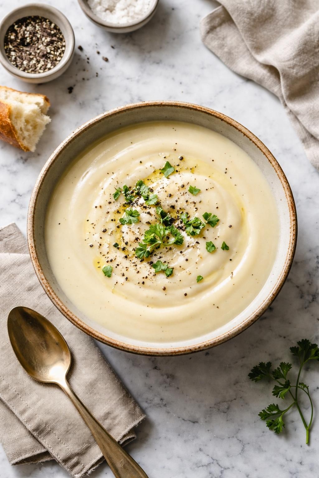 Image Prompt: Realistic top-down editorial food photography of slow cooker creamy cauliflower soup in a rustic bowl on a white and gray marble countertop, smooth pale cauliflower soup with a silky homemade texture, topped with black pepper and parsley, cozy home-cooked mood, bright natural light, soft shadows, no people, no hands, no text, no watermarks, no props with writing.