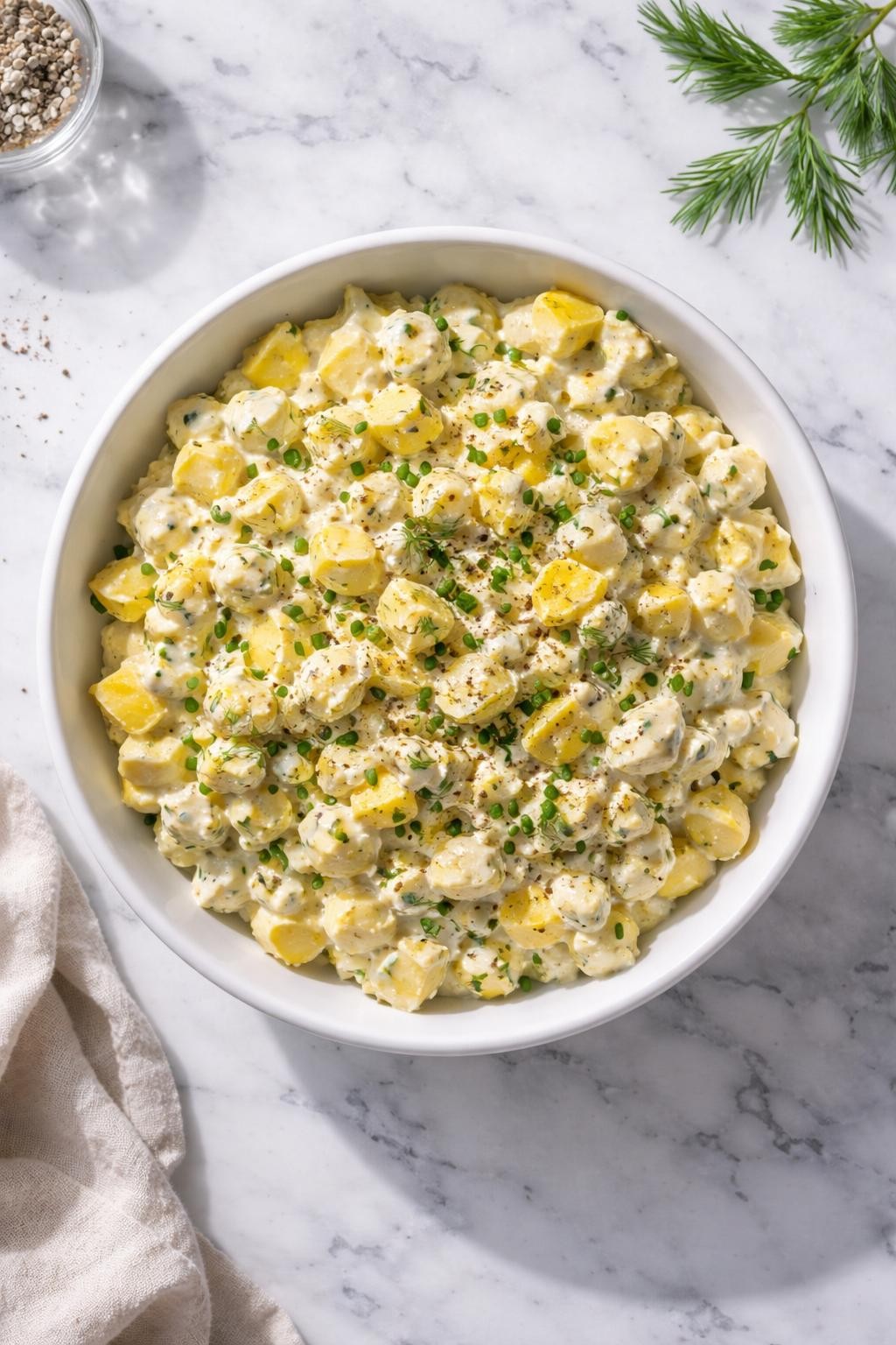 Image Prompt: Realistic top-down editorial food photography of a lighter egg salad made with Greek yogurt in a white bowl on a clean marble countertop, chopped hard-boiled eggs mixed with creamy Greek yogurt, mustard, herbs, and black pepper, bright natural daylight, soft shadows, clean composition, high detail, realistic food texture, no people, no hands, no text, no watermarks, no props with writing.