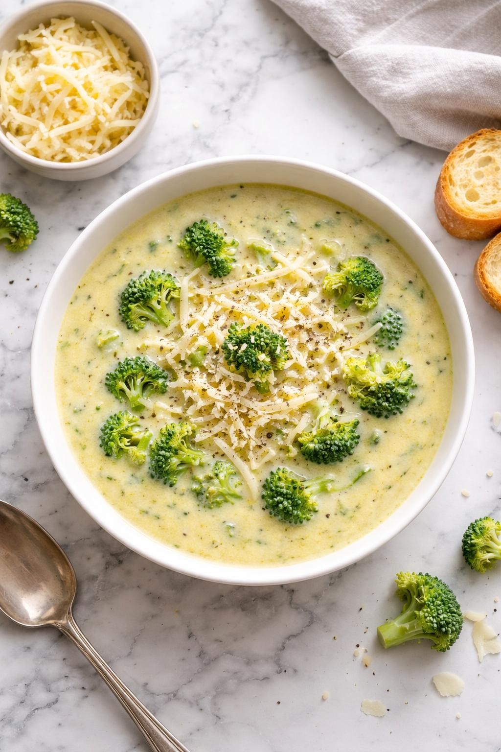 Image Prompt: Realistic top-down editorial food photography of broccoli white cheddar soup in a white bowl on a clean white and gray marble countertop, creamy light golden-green soup with chopped broccoli and melted white cheddar, topped with extra cheese and black pepper, warm homemade comfort food styling, bright natural daylight, soft shadows, no people, no hands, no text, no watermarks, no props with writing.
