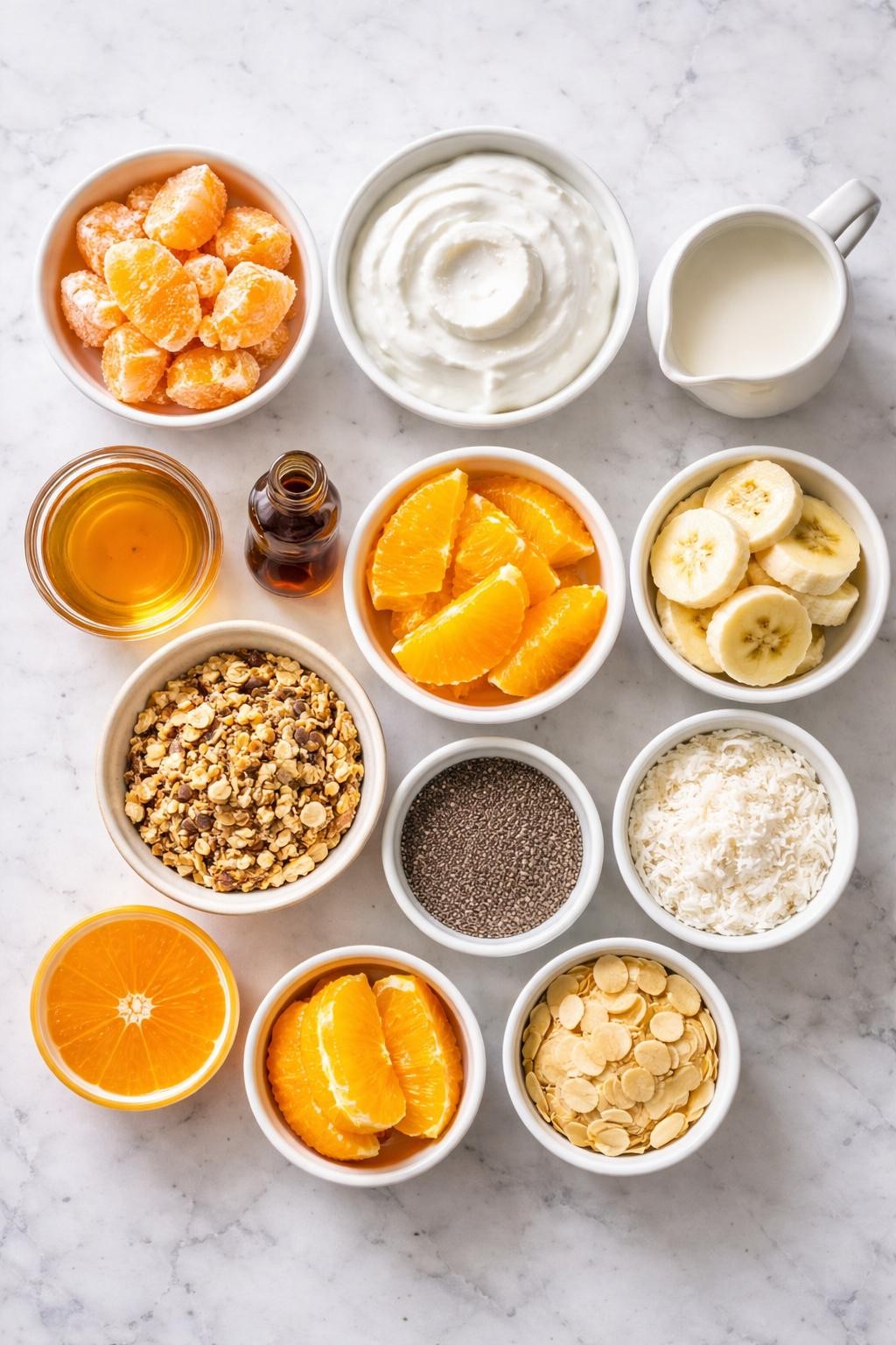 Prompt: A realistic top-down flat lay food photography image of orange smoothie bowl ingredients arranged neatly on a countertop marble table. Include frozen orange segments, frozen banana slices, thick Greek yogurt, almond milk, honey, vanilla extract, fresh orange segments, fresh banana slices, granola, chia seeds, shredded coconut, and almond flakes. Clean bright natural light, simple organized layout, no people, no hands, no text, no watermarks, no props with writing.