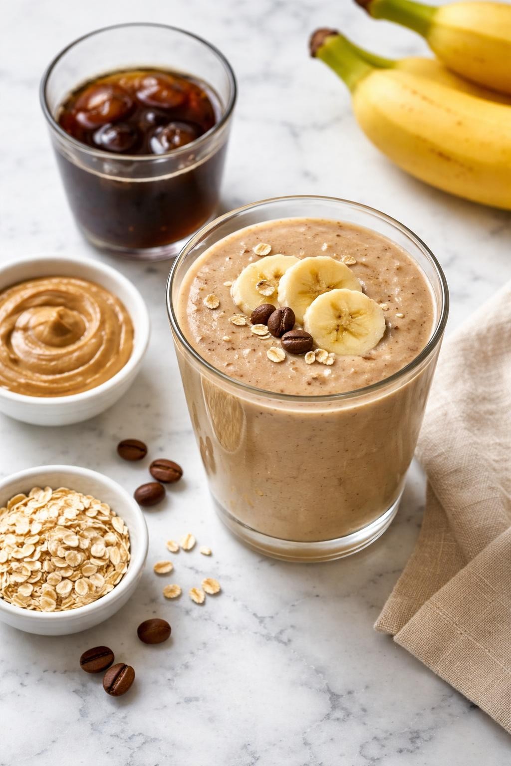 Realistic top-down editorial food photography of a coffee banana breakfast smoothie in a clear glass on a clean white and gray marble countertop. The smoothie is light coffee brown, thick, creamy, and smooth, styled with cold coffee in a plain glass, banana slices, almond butter in a plain dish, oats, and a few coffee beans nearby. Soft natural daylight, clean morning smoothie styling, high detail, realistic creamy texture, no people, no hands, no text, no watermarks, no props with writing.