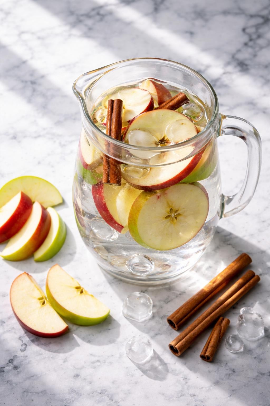 Realistic top-down editorial food photography of apple cinnamon detox water in a clear glass pitcher on a white and gray marble countertop, thin red and green apple slices floating in cold water with cinnamon sticks and ice cubes, a few apple slices and cinnamon sticks styled nearby, clean cozy homemade drink mood, natural window light, soft shadows, high detail, no people, no hands, no text, no watermarks, no props with writing.