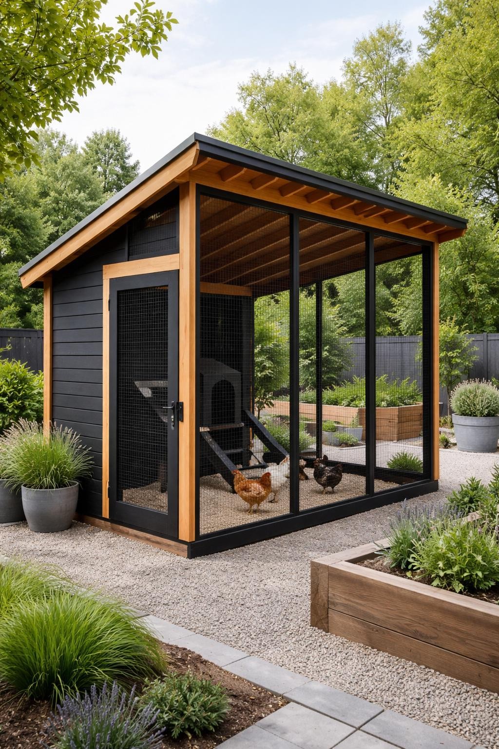 Image Prompt: A modern black walk in chicken coop in a stylish backyard, matte black wood siding, natural cedar trim, tall rectangular frame, sloped metal roof, full-height wire run, clean gravel floor, simple black latch, chickens walking inside, raised garden beds and modern planters in the background, sleek backyard homestead design, bright natural light, no people, no text, no watermark.