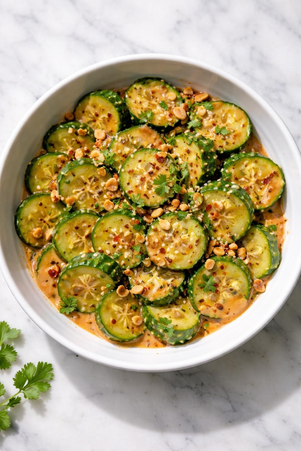 Image Prompt: Realistic top-down editorial food photography of spicy peanut cucumber salad in a shallow white bowl on a clean marble countertop, cucumber slices coated in a creamy peanut chili dressing with sesame seeds and red pepper flakes, bright natural daylight, bold fresh homemade salad mood, no people, no hands, no text, no watermarks, no props with writing.