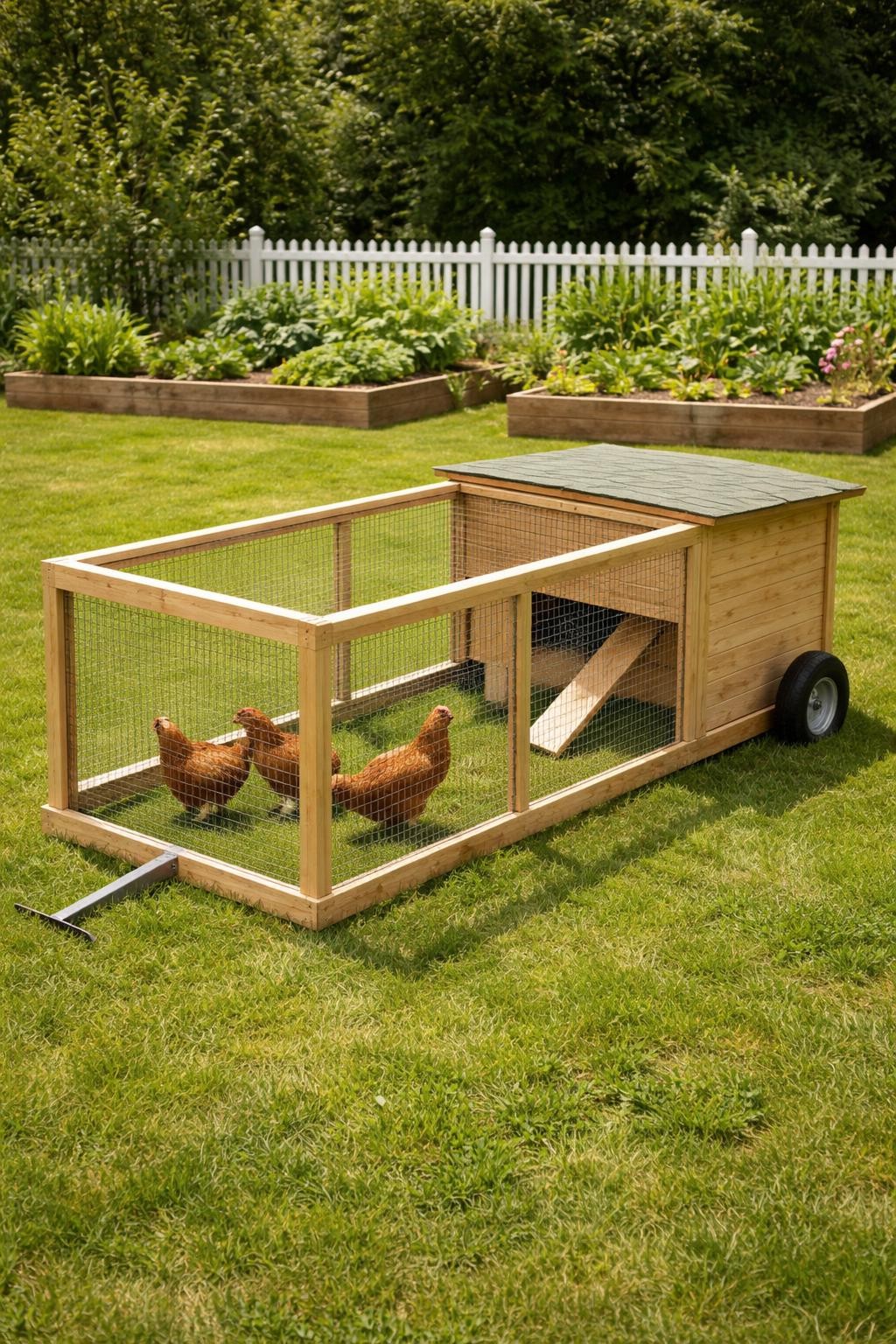 Image Prompt: A realistic classic moveable chicken tractor coop on a green backyard lawn, lightweight wooden rectangular frame, secure wire mesh sides, covered wooden shelter box at one end, two small wheels on the back, simple pull handle at the front, hens pecking grass inside, raised vegetable beds and a white garden fence in the background, practical backyard homestead style, bright natural daylight, no people, no text, (no watermarks on images).