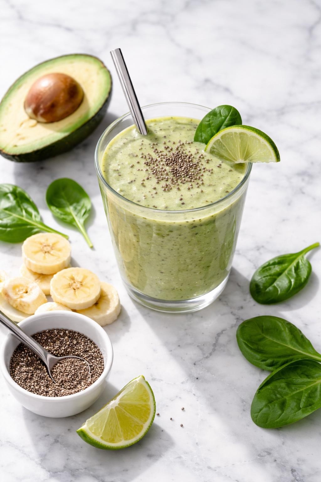 Realistic top-down editorial food photography of a green chia seed smoothie served in a clear glass on a clean white and gray marble countertop. The smoothie is pale green, thick, smooth, and creamy with chia seed specks, styled with spinach leaves, banana slices, avocado slices, chia seeds, and a small lime wedge nearby. Bright natural daylight, clean healthy breakfast smoothie styling, high detail, realistic creamy texture, no people, no hands, no text, no watermarks, no props with writing.