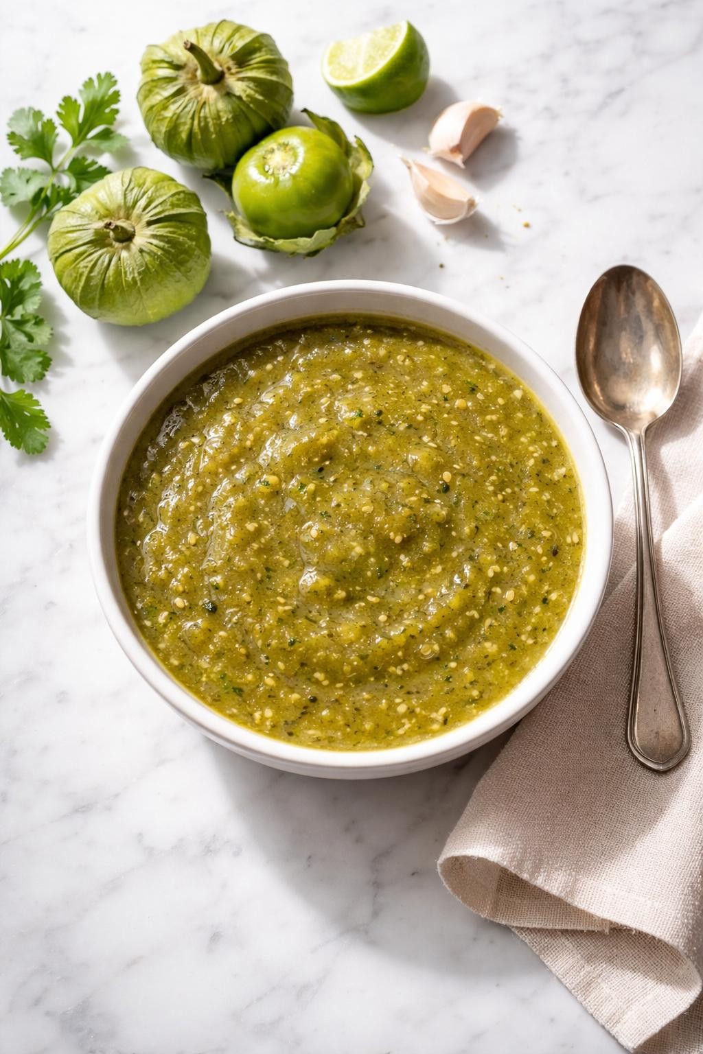 Image Prompt: Realistic top-down editorial food photography of a bowl of green enchilada sauce on a clean marble counter, smooth light green Mexican sauce made with roasted tomatillos, green chiles, onion, garlic, and broth, glossy surface with a spoon beside the bowl, fresh tomatillos nearby, soft natural daylight, clean homemade editorial styling, no people, no hands, no text, no watermarks, no props with writing.
