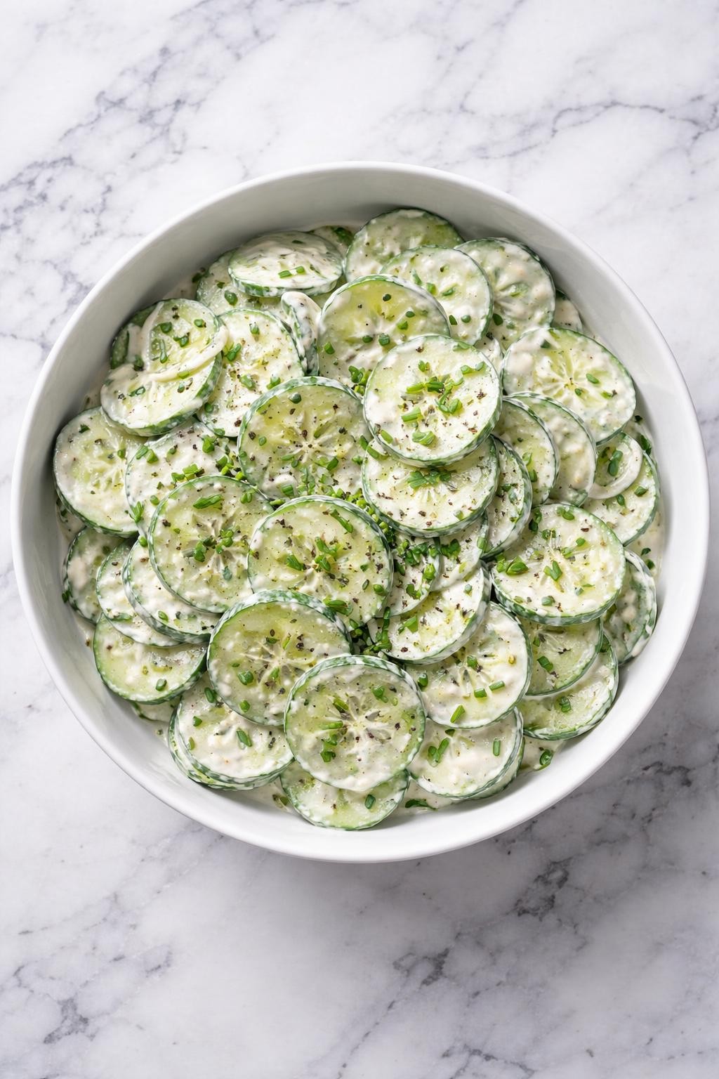 Image Prompt: Realistic top-down editorial food photography of ranch cucumber salad in a white bowl on a clean white and gray marble countertop, crisp cucumber slices coated in creamy ranch dressing with cracked black pepper and chopped chives, chilled fresh salad mood, bright natural light, no people, no hands, no text, no watermarks, no props with writing.