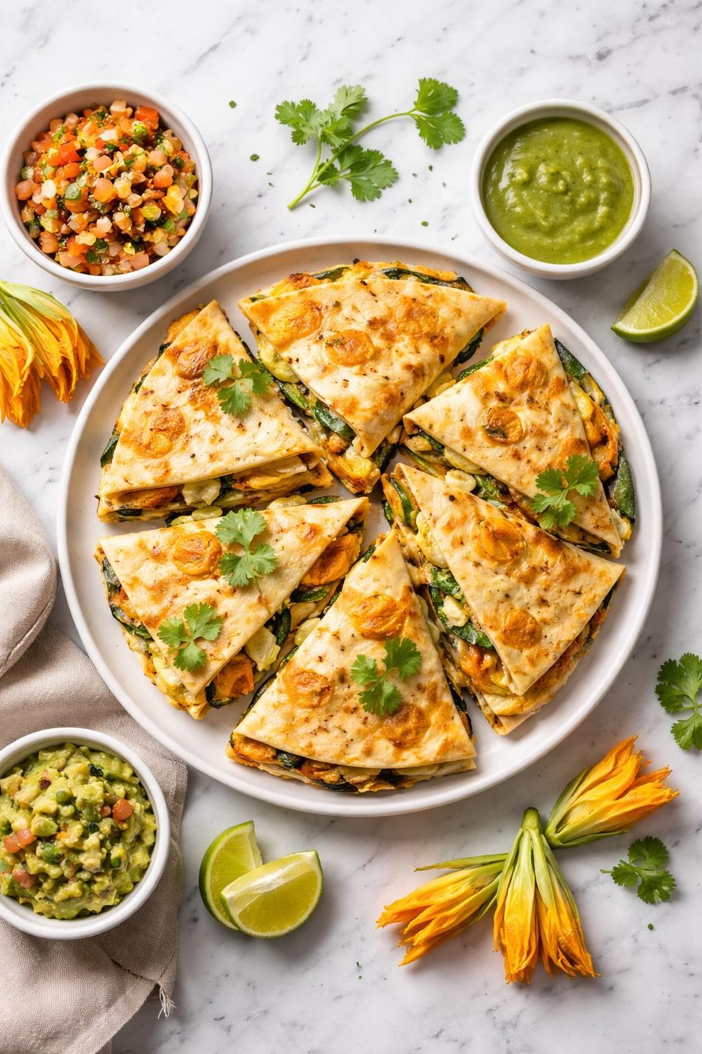 An overheard picture view of a plate of Quesadillas de Flor de Calabaza sitting on a marble countertop table in the kitchen, professional food photography style.