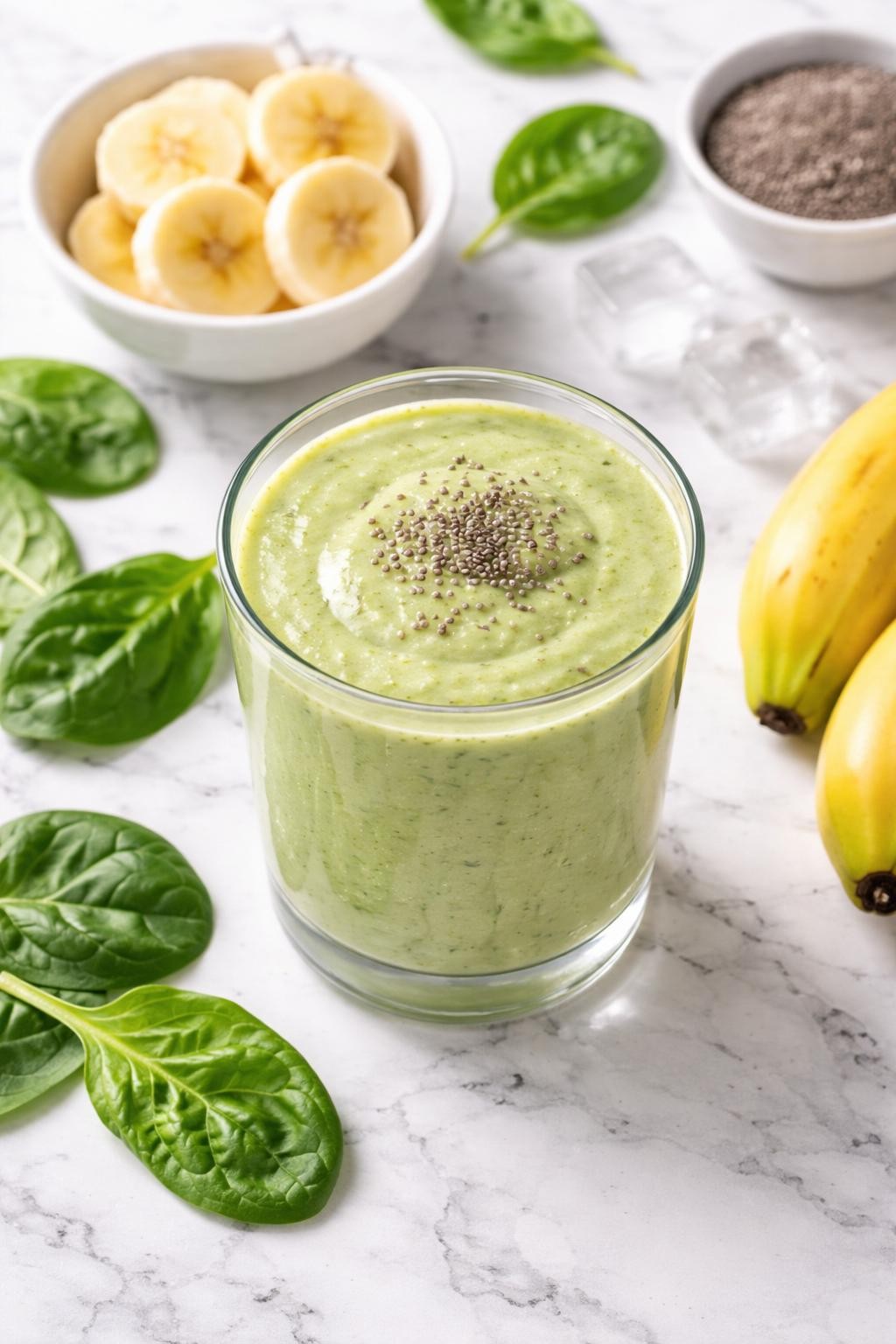 Realistic top-down editorial food photography of a creamy spinach banana vegetable smoothie served in a clear glass on a clean white and gray marble countertop. The smoothie is pale green, thick, smooth, and fresh-looking, with fresh spinach leaves, banana slices, chia seeds, and a few ice cubes styled neatly nearby. Bright natural window lighting, soft shadows, clean healthy breakfast smoothie styling, high detail, realistic creamy texture, no people, no hands, no text, no watermarks, no props with writing.
