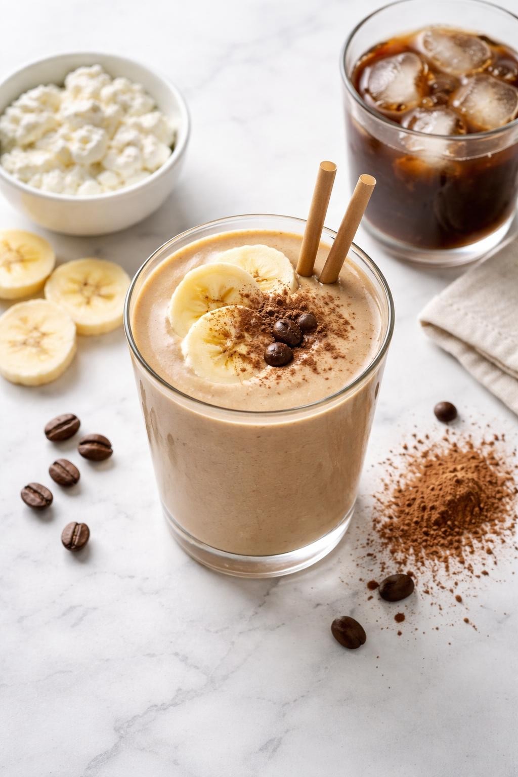 Realistic top-down editorial food photography of a coffee cottage cheese smoothie in a clear glass on a clean white marble countertop. The smoothie is light coffee brown, thick, smooth, and creamy, styled with cold coffee in a plain glass, cottage cheese in a small bowl, banana slices, cocoa powder, and a few coffee beans nearby. Soft natural daylight, clean morning smoothie styling, high detail, realistic creamy texture, no people, no hands, no text, no watermarks, no props with writing.