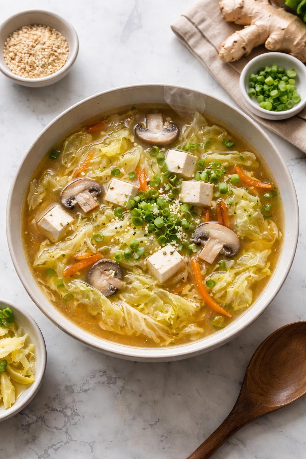 Realistic top-down food photography of Asian-inspired cabbage detox soup in a simple ceramic bowl on a clean marble countertop, light golden broth with shredded napa cabbage, mushrooms, carrots, green onions, garlic, fresh ginger, sesame seeds, and tofu cubes, delicate steam rising, clean homemade soup styling, natural window lighting, soft shadows, high detail, realistic broth and tofu texture, no people, no hands, no text, no watermarks, no props with writing.